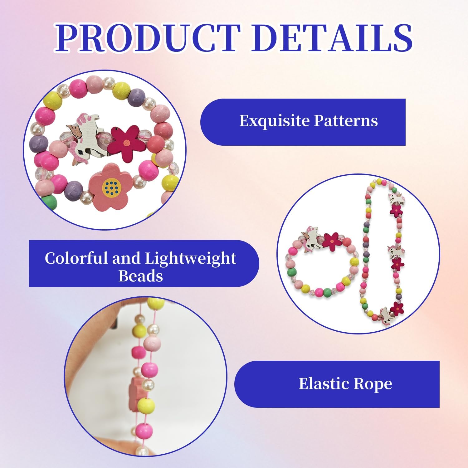 Juego de 4 joyas de madera para niños, collar de dibujos animados para niñas, pulsera de perlas de flores, collar y pulsera de unicornio, regalo para niñas, fiesta de cumpleaños, accesorios de disfraz
