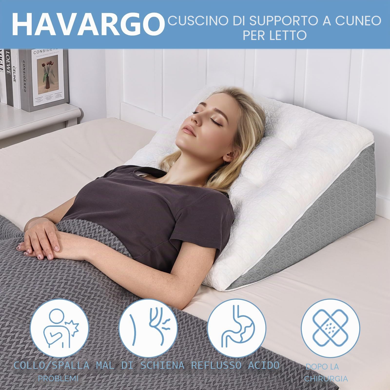 Cuscino a cuneo per letto e divano - Doppio strato in memory foam, cuscino da lettura - Ergonomico per il letto per reflusso e apnea del sonno, perfetto cuscino per il supporto della schiena
