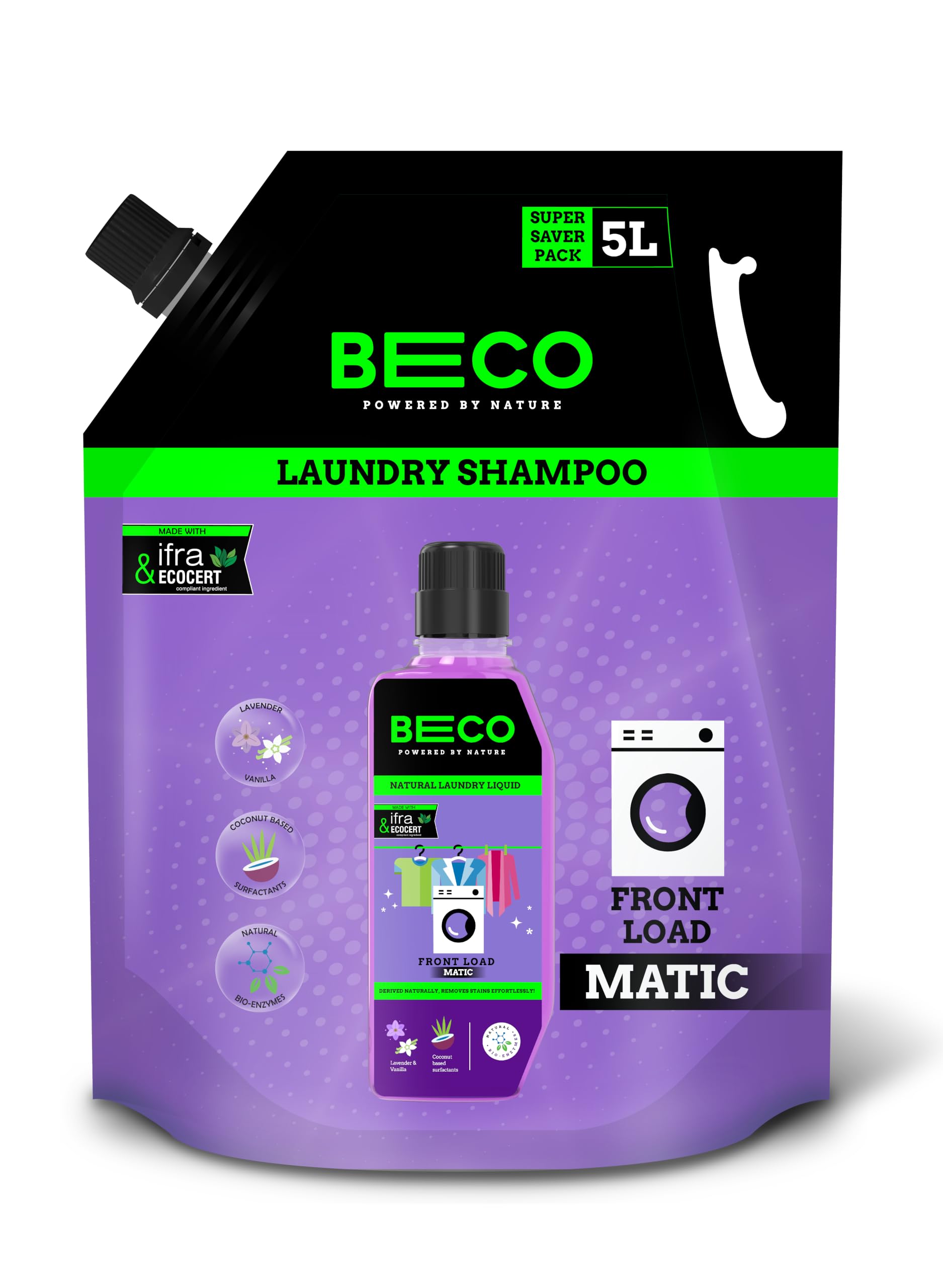 Beco Natural Liquid Detergent Front Load - 5L Bottle| Tough Stain Removal | Lavender & Vanilla Freshness | Retains Brightness & Shine | Chemical Free | Front Load Washing Machine Liquid-image-24