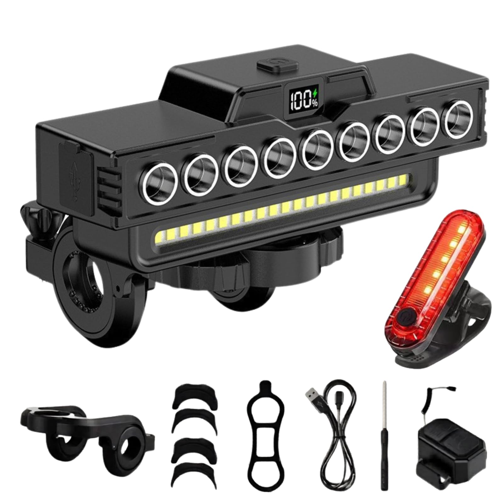 Bike Headlight with 120dB Electric Horn, 9 LED Super Bright Bicycle Light Bar, Bike Lights Front and Back Rechargeable, 7 Lighting Modes USB Rechargeable IPX5 Waterproof Front Light (918 Taillights)