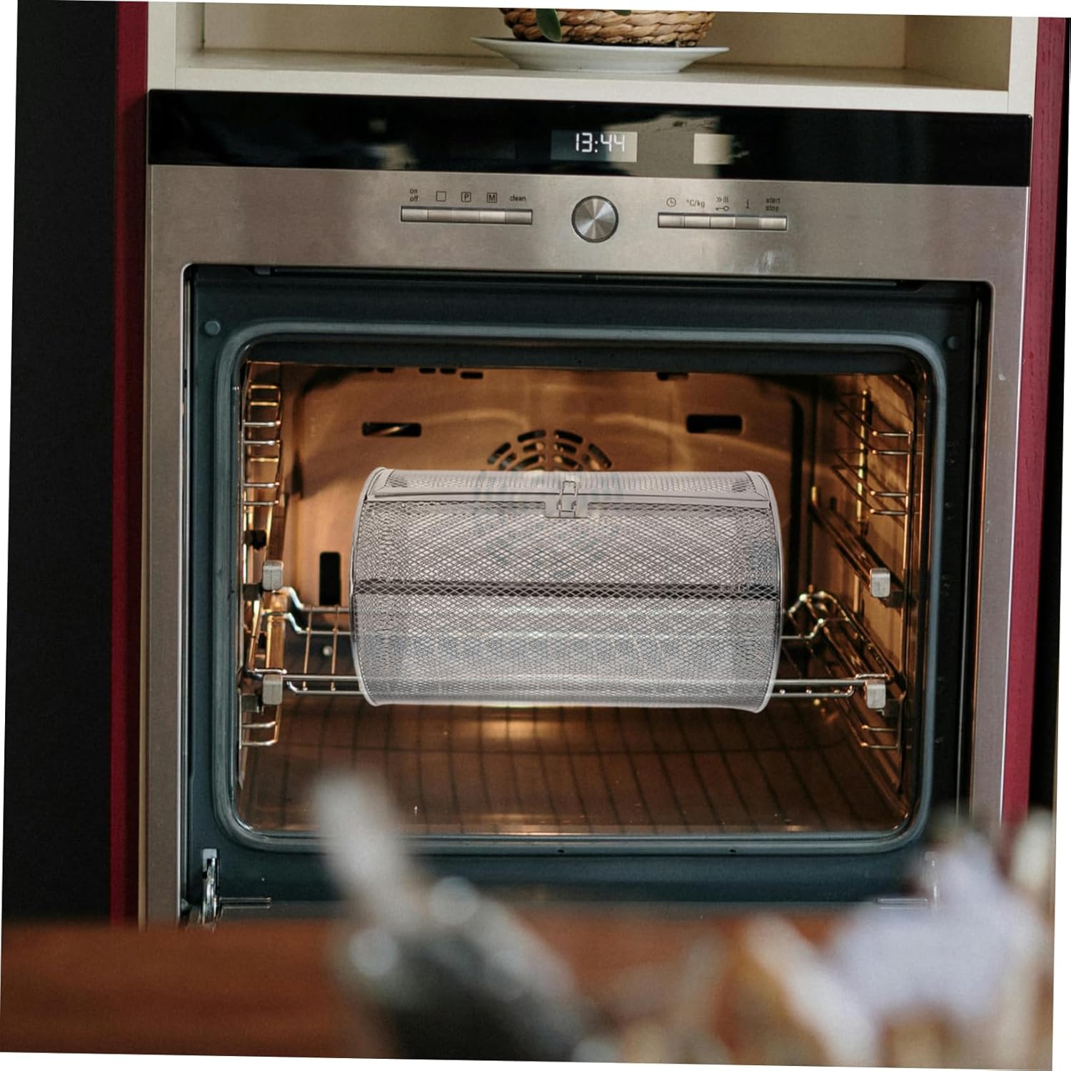 Luxshiny Rotisserie Oven Cage Stainless Steel Rotating Grill Basket for Nuts Meat Vegetables Bbq Kitchen Roasting Tool Buckle Design for Even Cooking