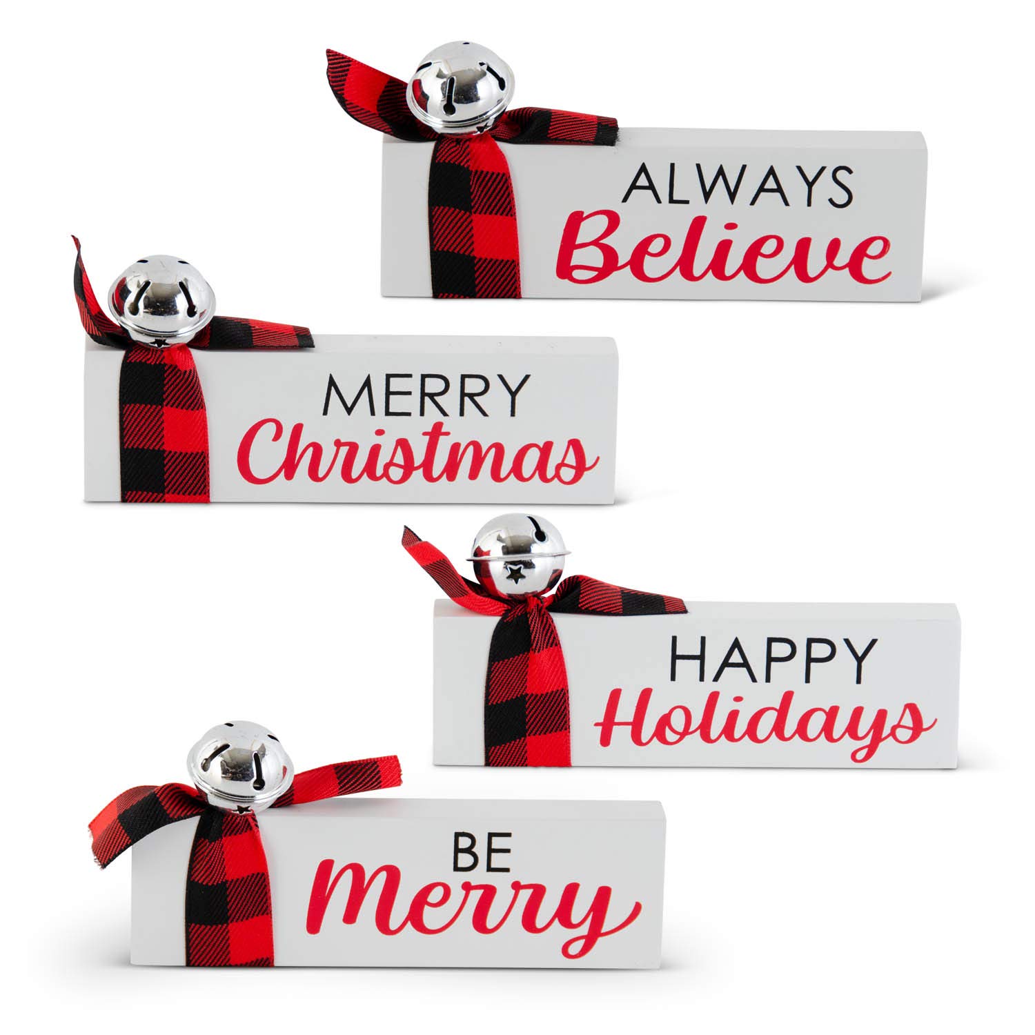 K&K Interiors54609A Assorted Black White and Red Plaid Holiday Message Tabletops w/Bells