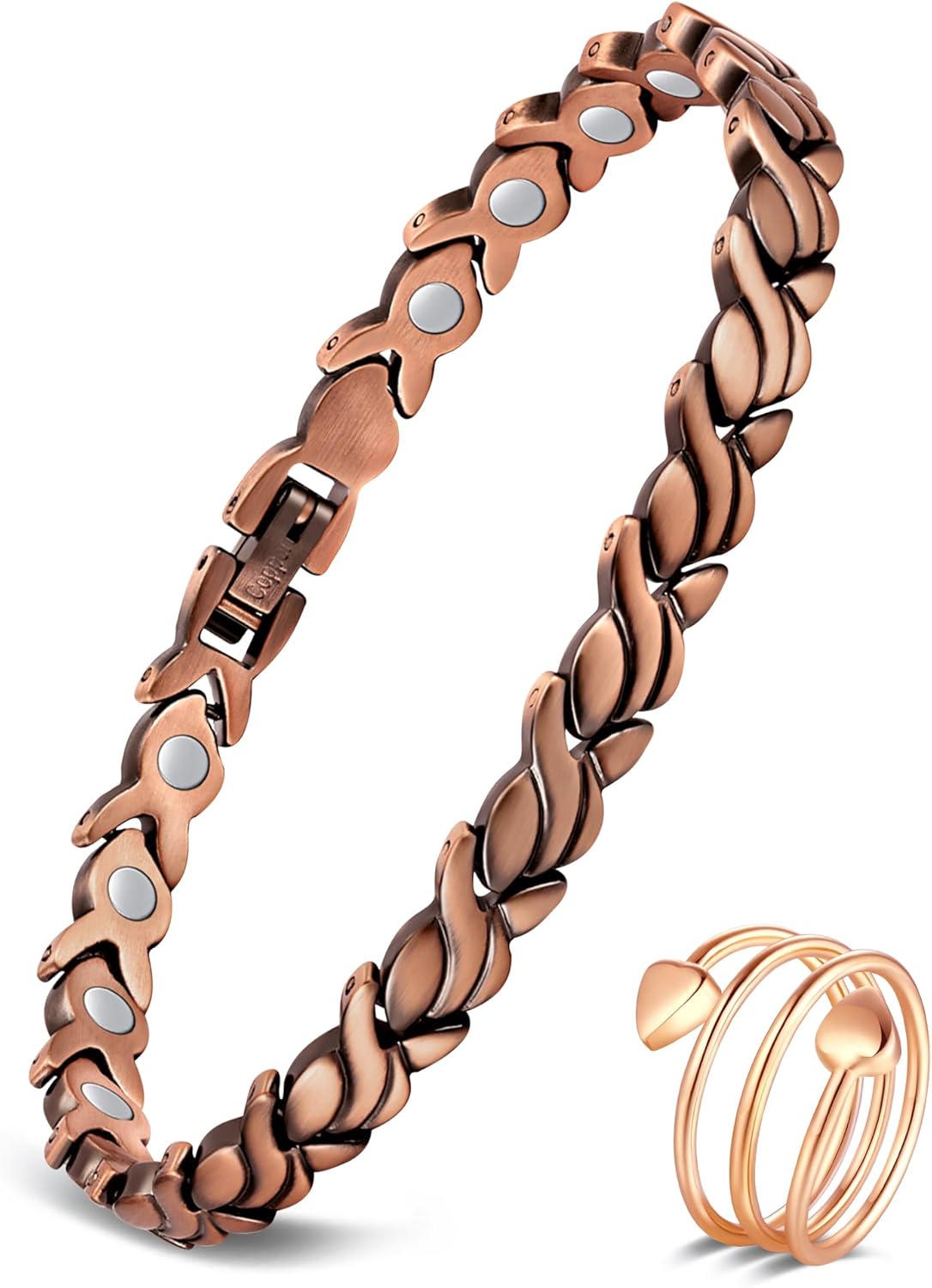 Feraco Copper Bracelets & Rings for Women, Ultra Strength Magnetic Bracelet with 3500 Gauss Neodymium Magnets, 99.99% Pure Copper Adjustable Jewelry Gift