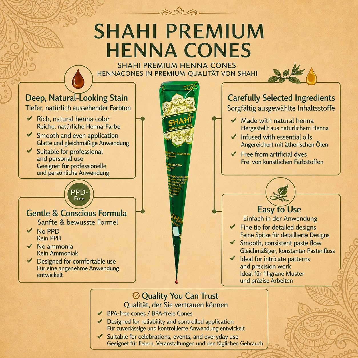 Shahi Premium Henna Cone (Mehndi) | Natürliche Mehndi-Paste | 3 gebrauchsfertige Henna-Kegel | Rötlich-braune Farbe | Je 28 g