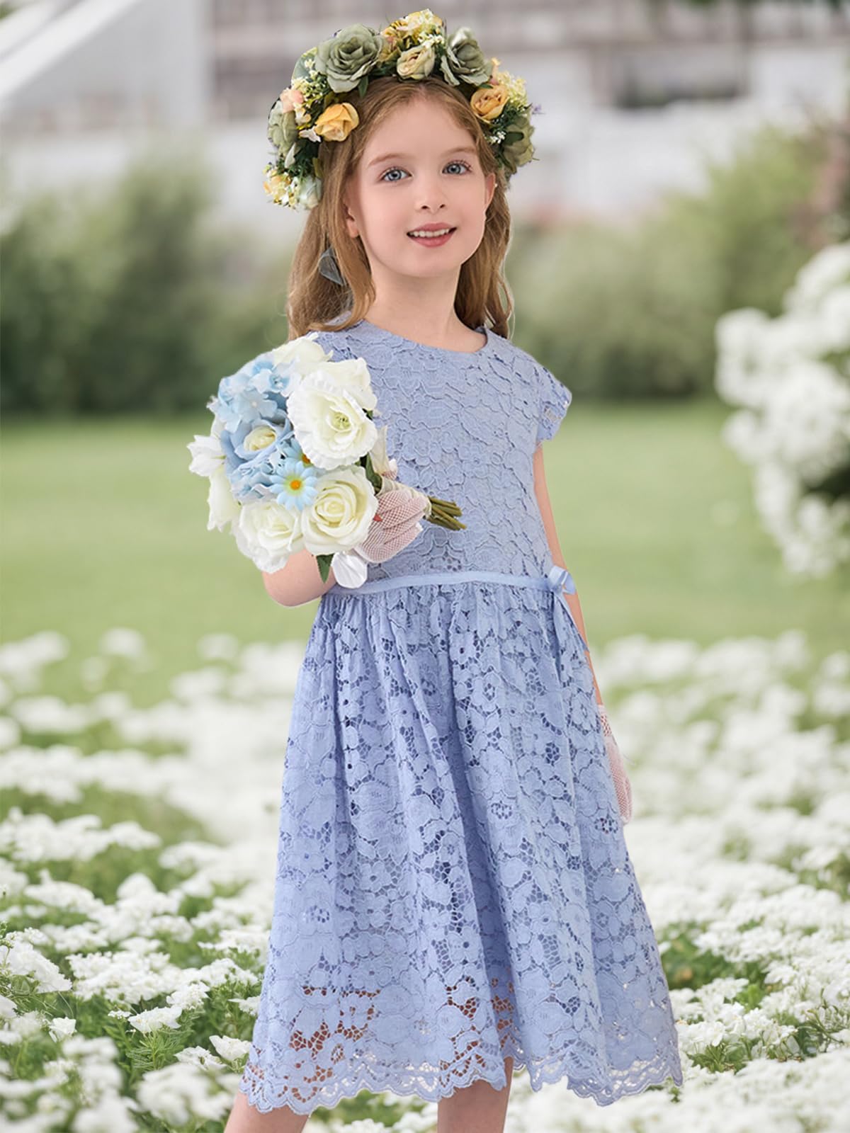 ALLOVIN Vestido de Encaje sin Mangas línea A para niñas pequeñas niña de Flores cumpleaños Boda Lazo Cuentas 2-12 años