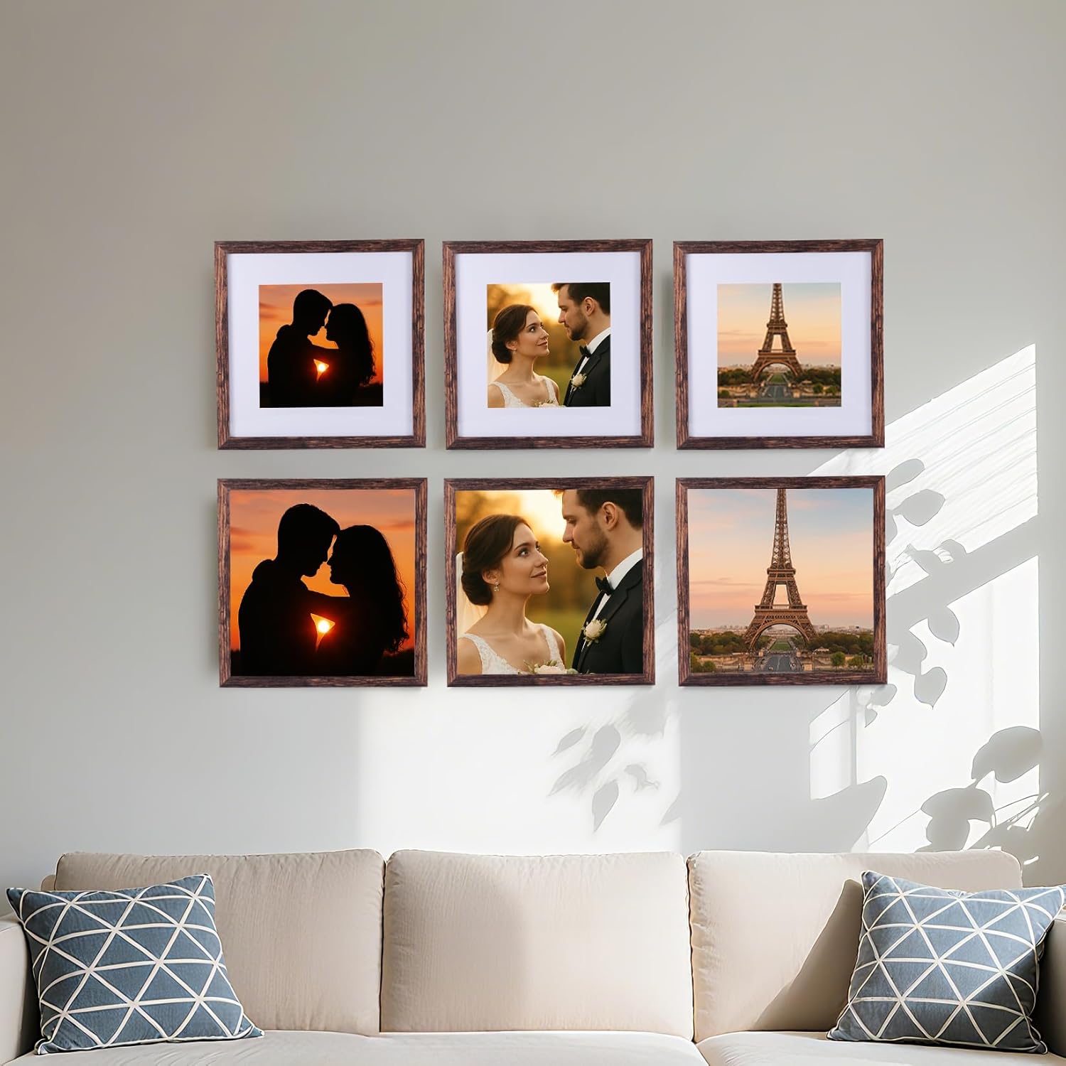 6 Pcs 8x8 Rustic Brown Wood Picture Frame - Display Pictures 5x5 with Mat or 8 x 8 without - Distressed Brown Wooden Photo Frames for Wall Mounting or Table 8 8 Matted to 5x5 Farmhouse Set of 6
