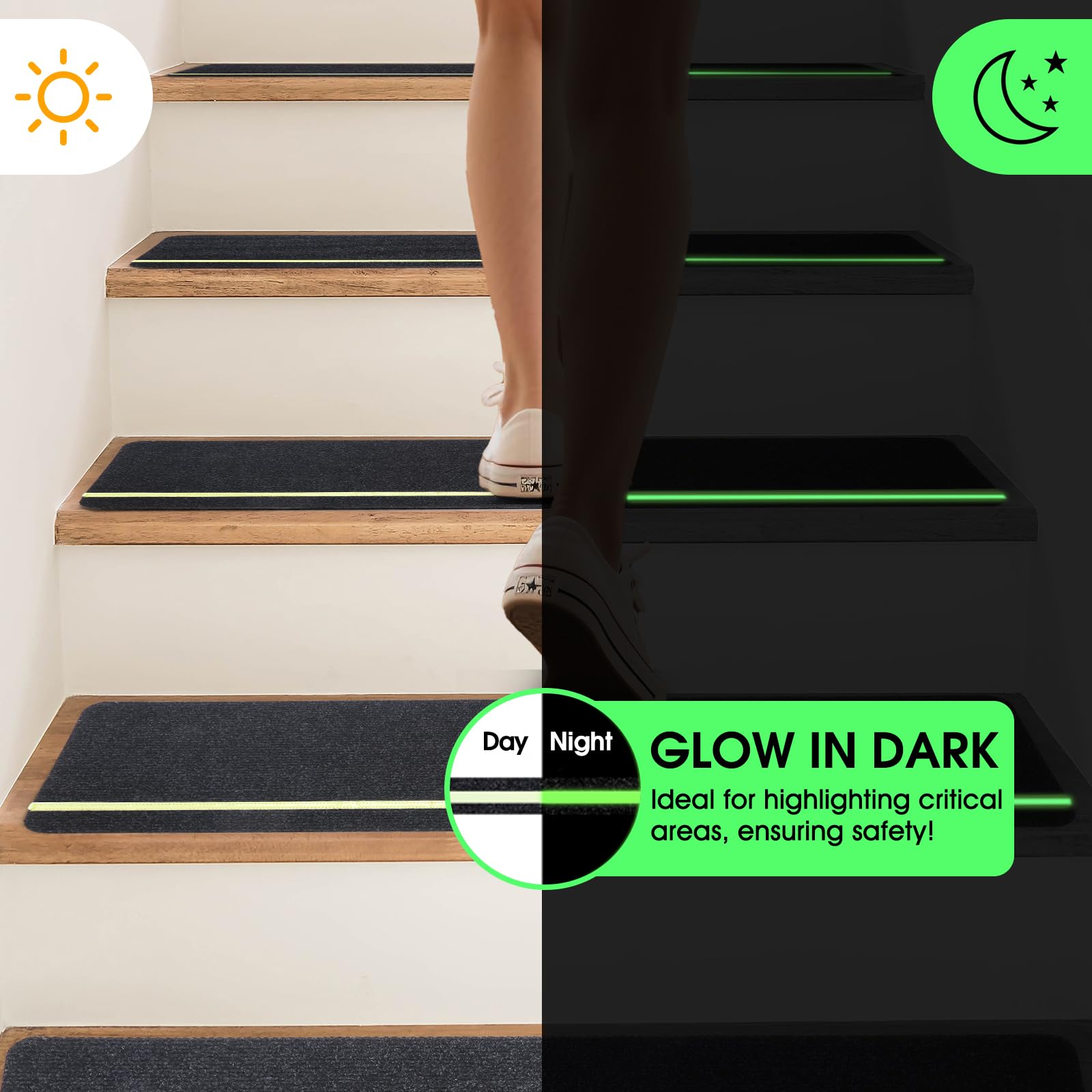 DEKEones 15 Stück Treppenmatten mit Glow in Dark Streifen, 76x20cm Treppenmatten Selbstklebend für Holztreppen, 100% Polyester TPE Rückseite Treppenteppich für Kinder, Ältere und Haustiere（schwarz）