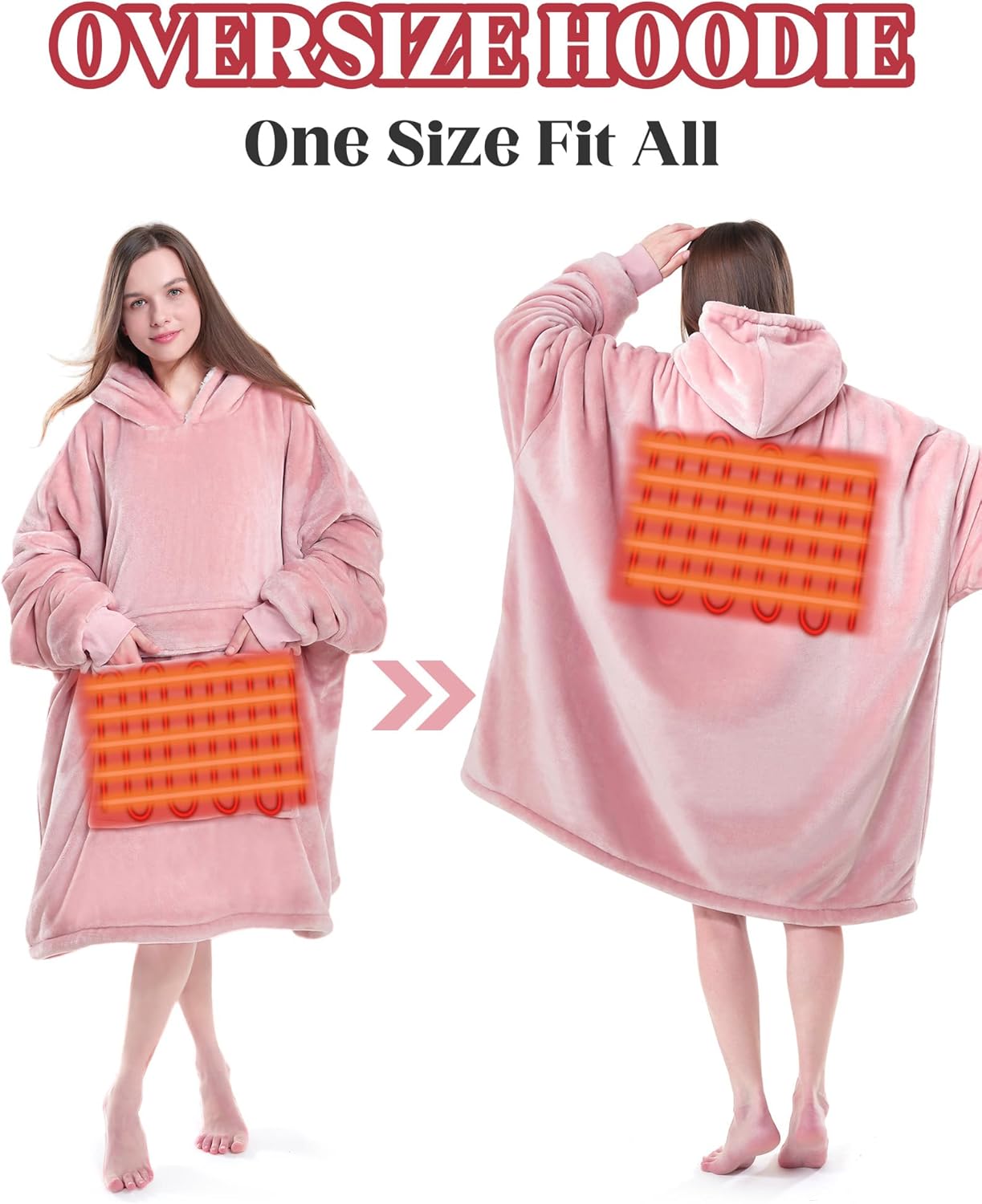 MAXEVE Heated Wearable Blanket Hoodie with 10000mAh Battery Pack, Oversized Sherpa Blanket Sweatshirt for Women & Men, Warm Soft Pink