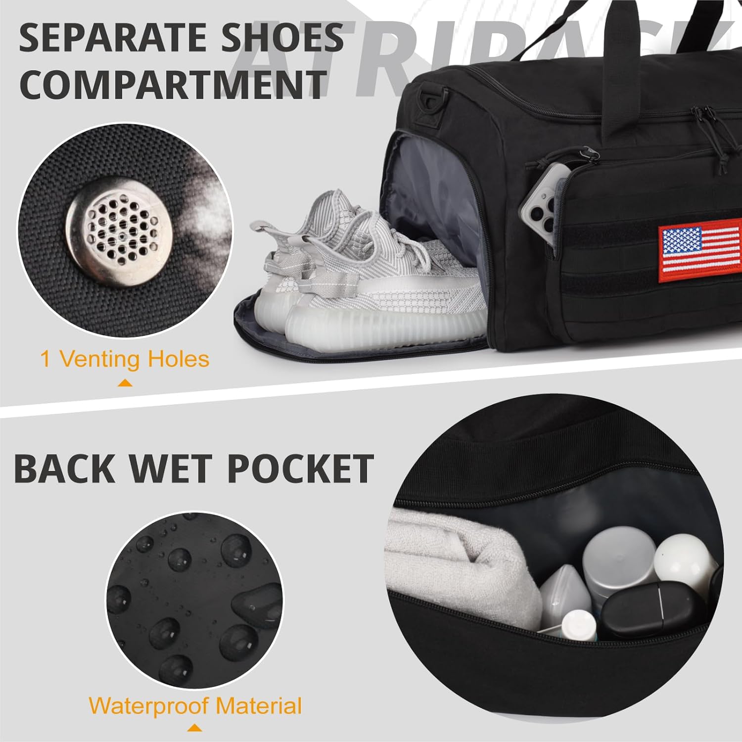 Tactical Gym Bag for Men, 40L Large Capacity Duffle Bags with Shoes Compartment, Sports Bag with wet compartment, Multi-functional Weekend Bags Suitable for Travel, Camping,hiking - Image 7