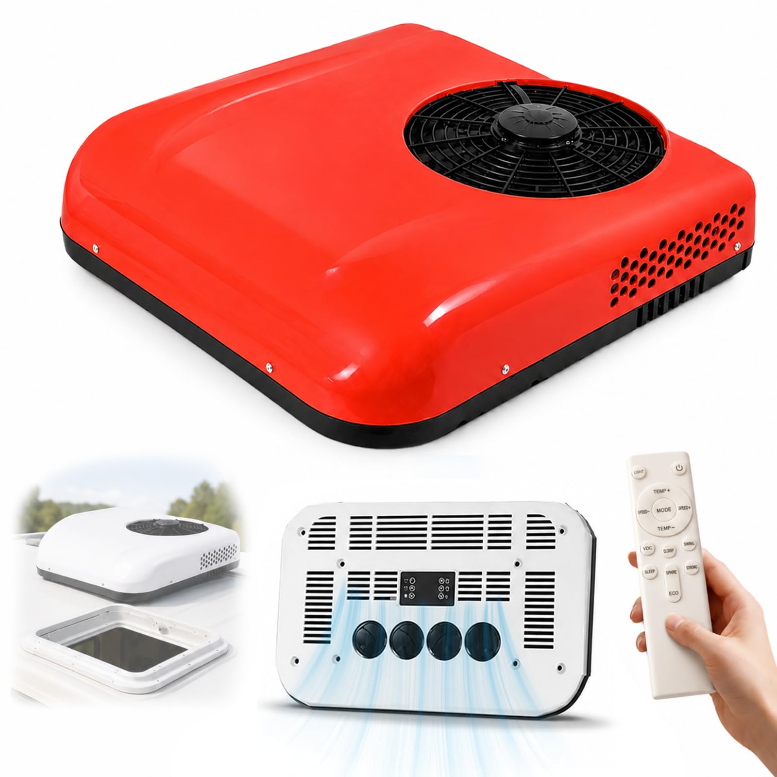 HCAUYNN Caravan Roof Air Conditioner, 12V/24V Motorhome Aircon Unit, Low Profile Rooftop AC, Quiet Camper Cooling, Remote Control Included 12V-Red