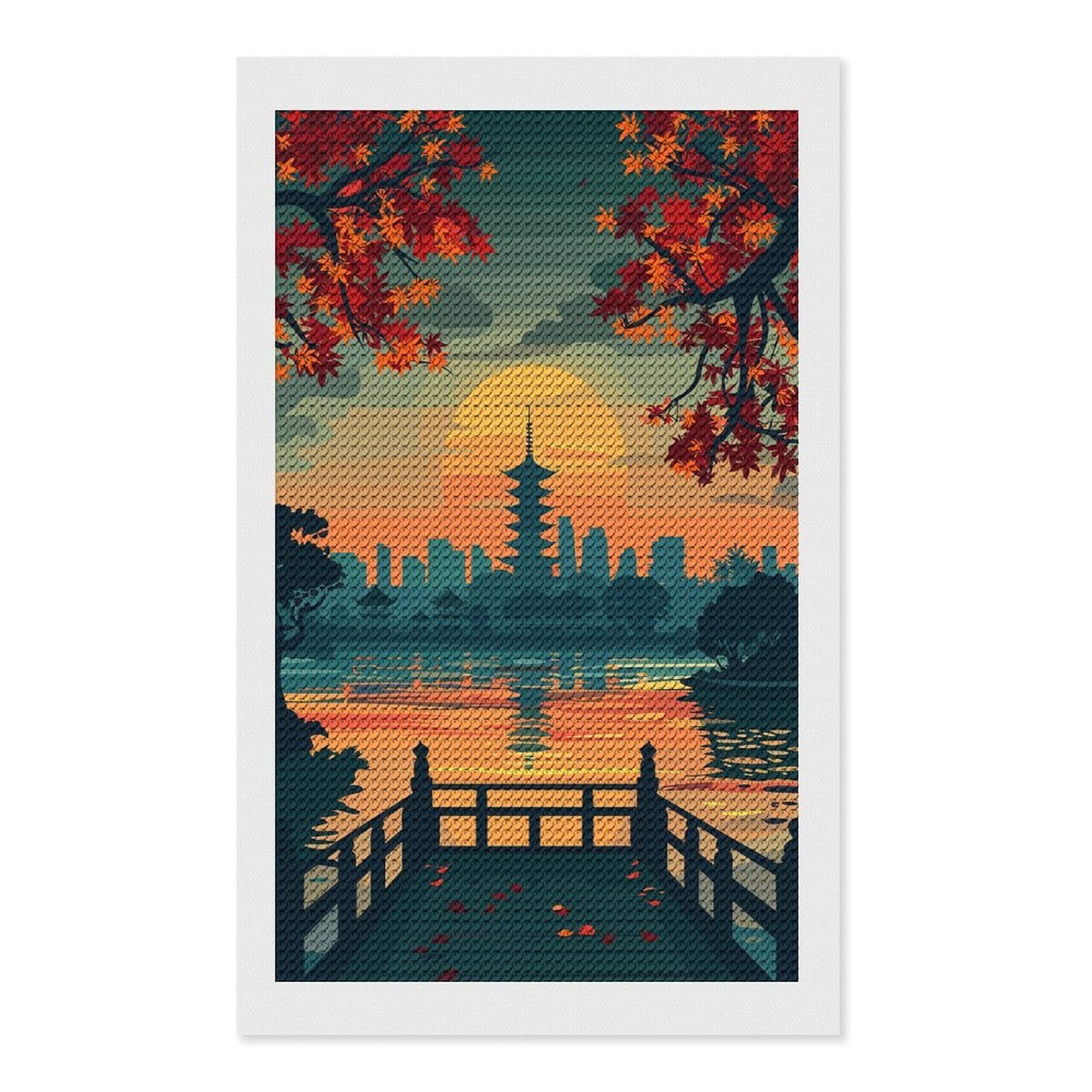 Junmoney Japanese Pagoda Sunset Landscape Illustration Diamond Painting Kit 12"x20", for Women, Simple to Start, Bedroom Decor, Christmas Gift, Good for Quiet Evenings