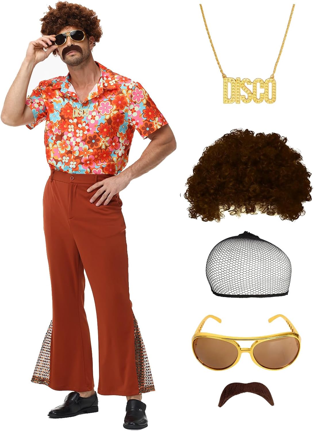 7Pcs Mens 70s Disco Costume, Retro Shirt Bell Bottom Pants Wig Sunglasses Necklace Wig Cap for Disco Party