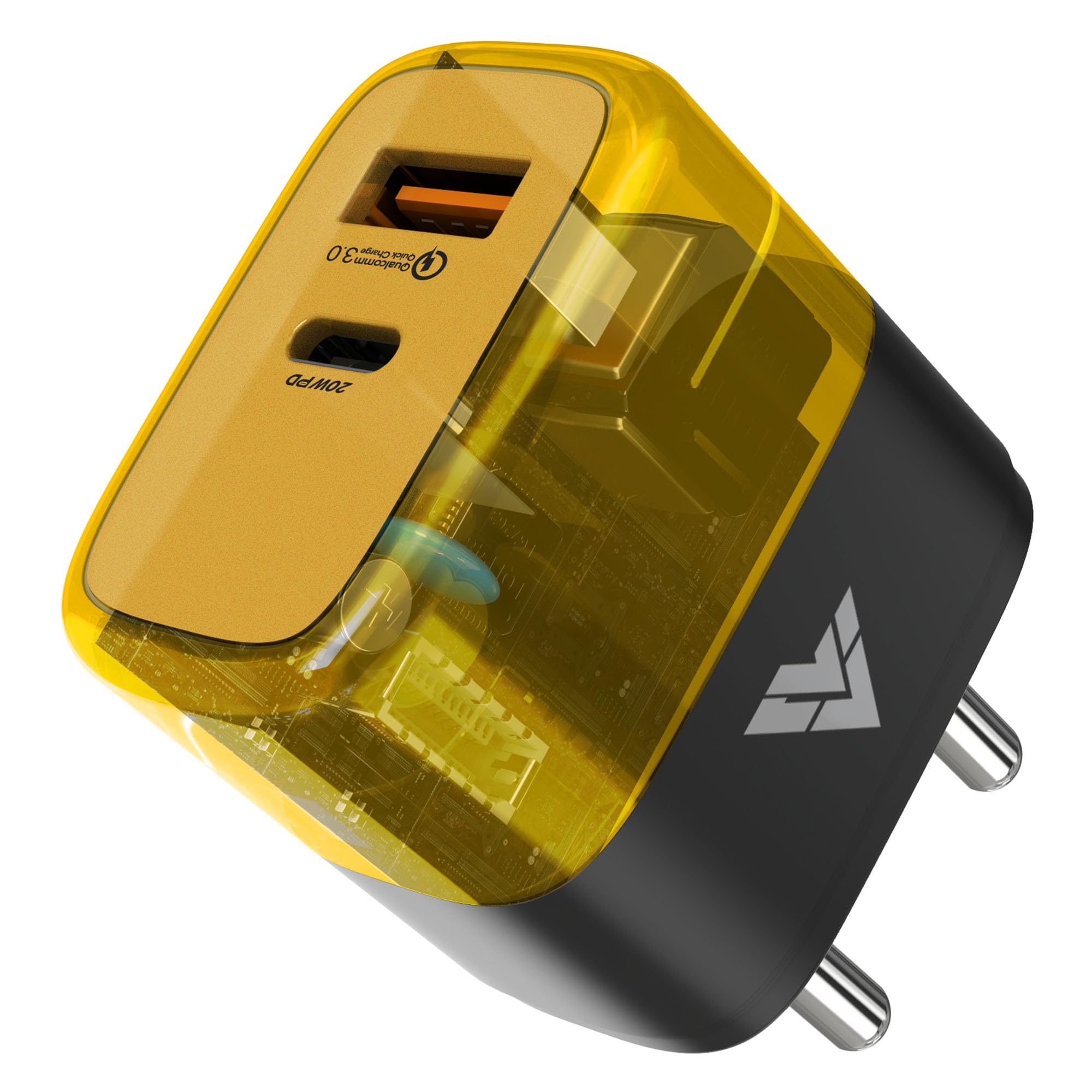 DR VAKU® 2 in 1 PD QC 20W Dual Port Charger Type C Adapter for iPhone 17/16/15/14/13/12 Series, Samsung & Other Android Devices PD 3.0 Multiple Protection Fast Charging Adaptor-Yellow & Black