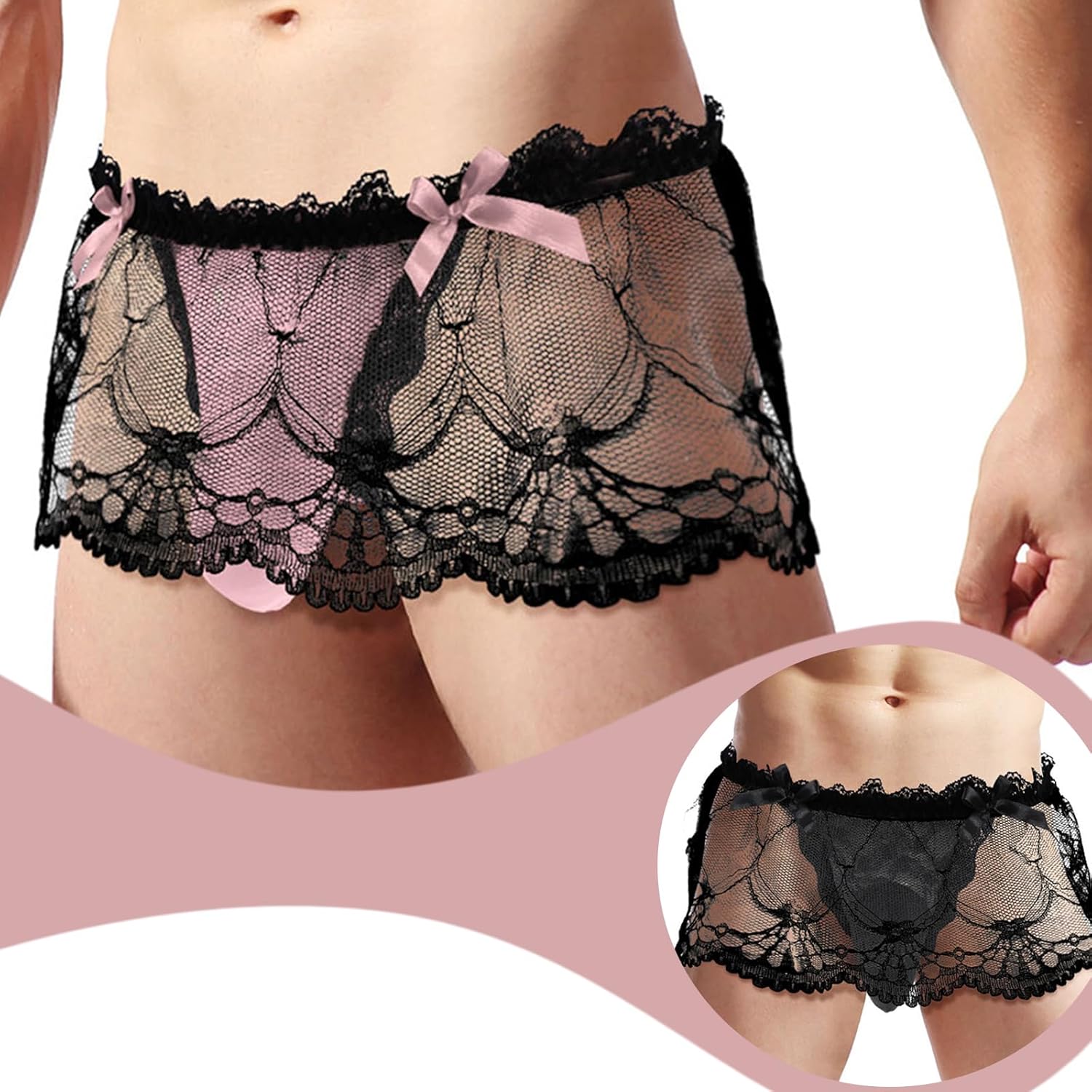 Femboy Mens Lace Sexy Underwear Sissy Pouch Panties Men Low Rise Sheer Girly Bow Thong - Image 4