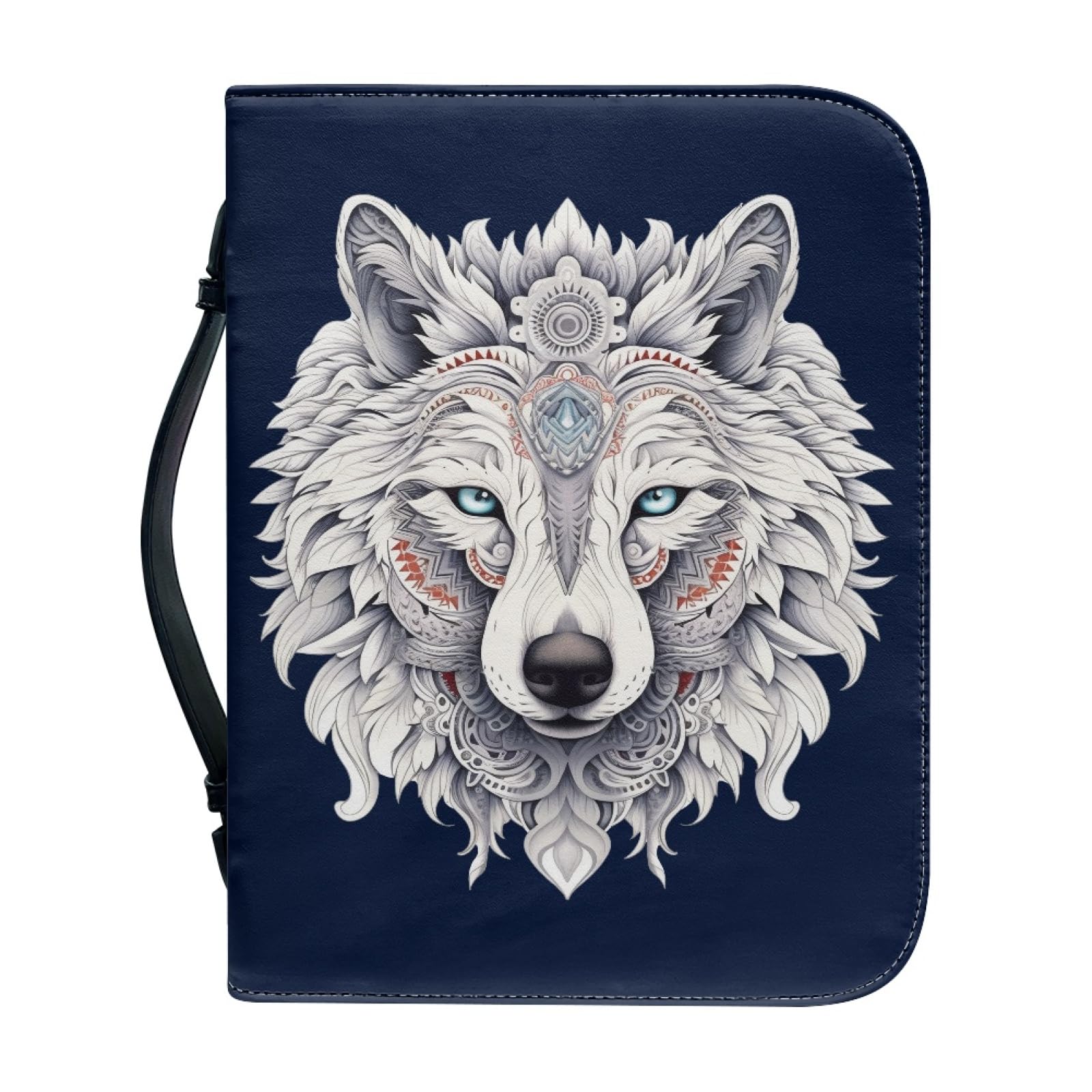 Kuiaobaty White Tribal Wolf Notebook Cover Faux Leather Book Carrying Case with Inside Pen Holder, Indian Wolves Zipper Book Cover for Novel — image 1