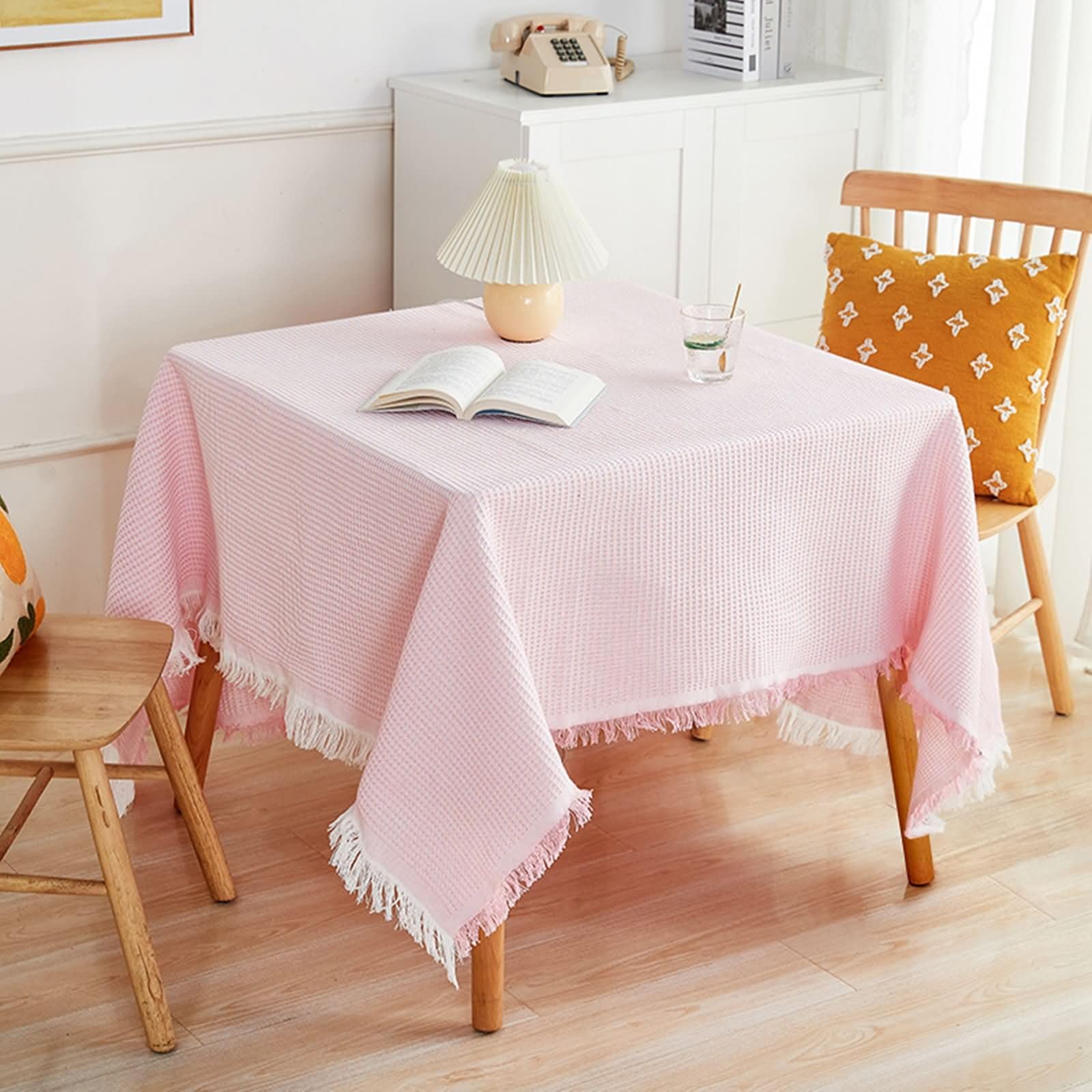 Tovaglia Decorativa Rettangolare, 180x260 cm Tovaglia in tessuto a quadri per sala da pranzo, cucina, feste, con frange, Rosa Bianco, Stile3