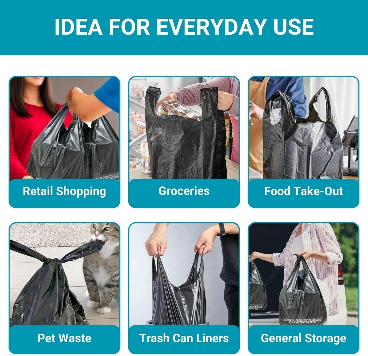 Heavy Duty Black T-Shirt Bags 11.5x6.5x22 Inch, 1000 Count – Strong Disposable Carry Bags for Grocery, Retail, Takeout, and Food Service Use