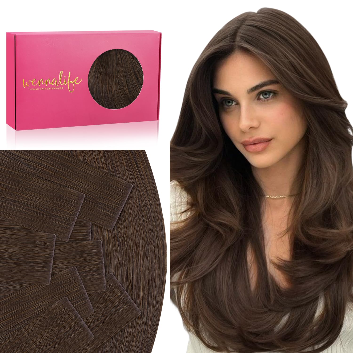 WENNALIFE Invisi Edge Tape in Hair Extensions Human Hair, 14 Inch 50g 20pcs Chocolate Brown Invisible Luxury Remy Hair Extensions Natural Seamless
