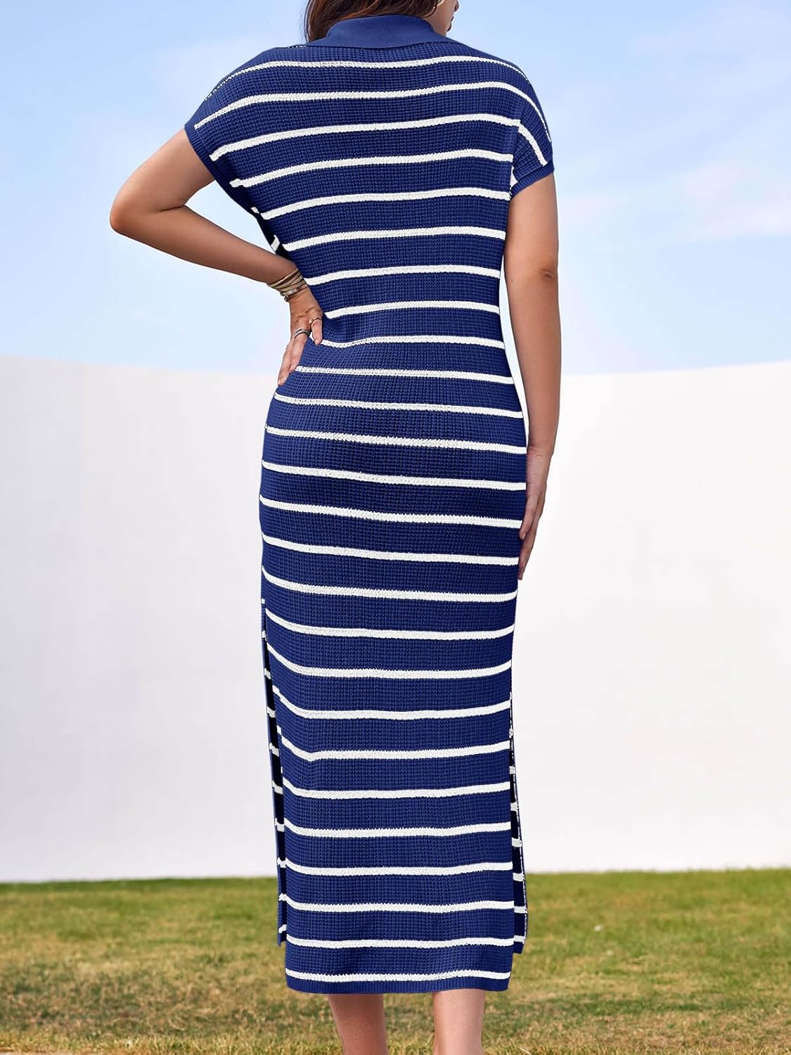 Saodimallsu Womens Striped Summer Dresses Short Sleeve V Neck Knit Collared Sexy Slit Loose Maxi Sweater Dress - Image 4