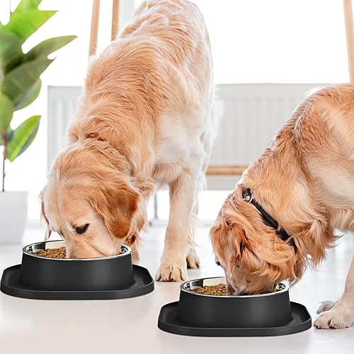 Miniatura 5 de Paquete de 2 tazones grandes de acero inoxidable para perros, cuencos metálicos para mascotas con alfombrilla antideslizante antiderrames, 7 tazas