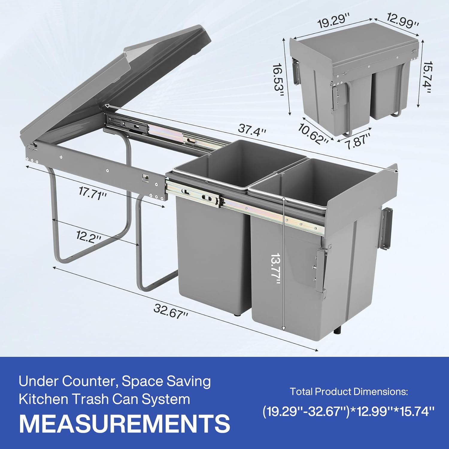 Double Pull Out Trash Can for Under Kitchen Cabinets 44 Qt with Soft-Close Slides, Under Sink Garbage Waste Recycling Bin with Lid for Cabinet, Gray