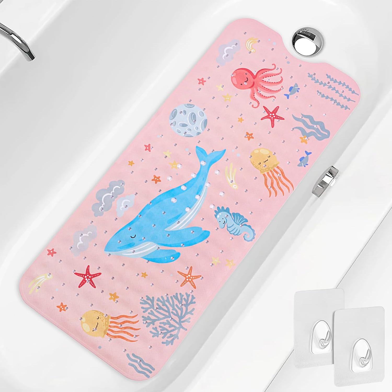 PRATIQUE Kids Bath Mat for Tub Non Slip，40 X 16 Inch Extra Long Kids Bathtub Mat Ocean Bathtub Shower Mat Safety Anti Slip with Suction Cups and Drain Holes, Machine Washable(Pink Whale)