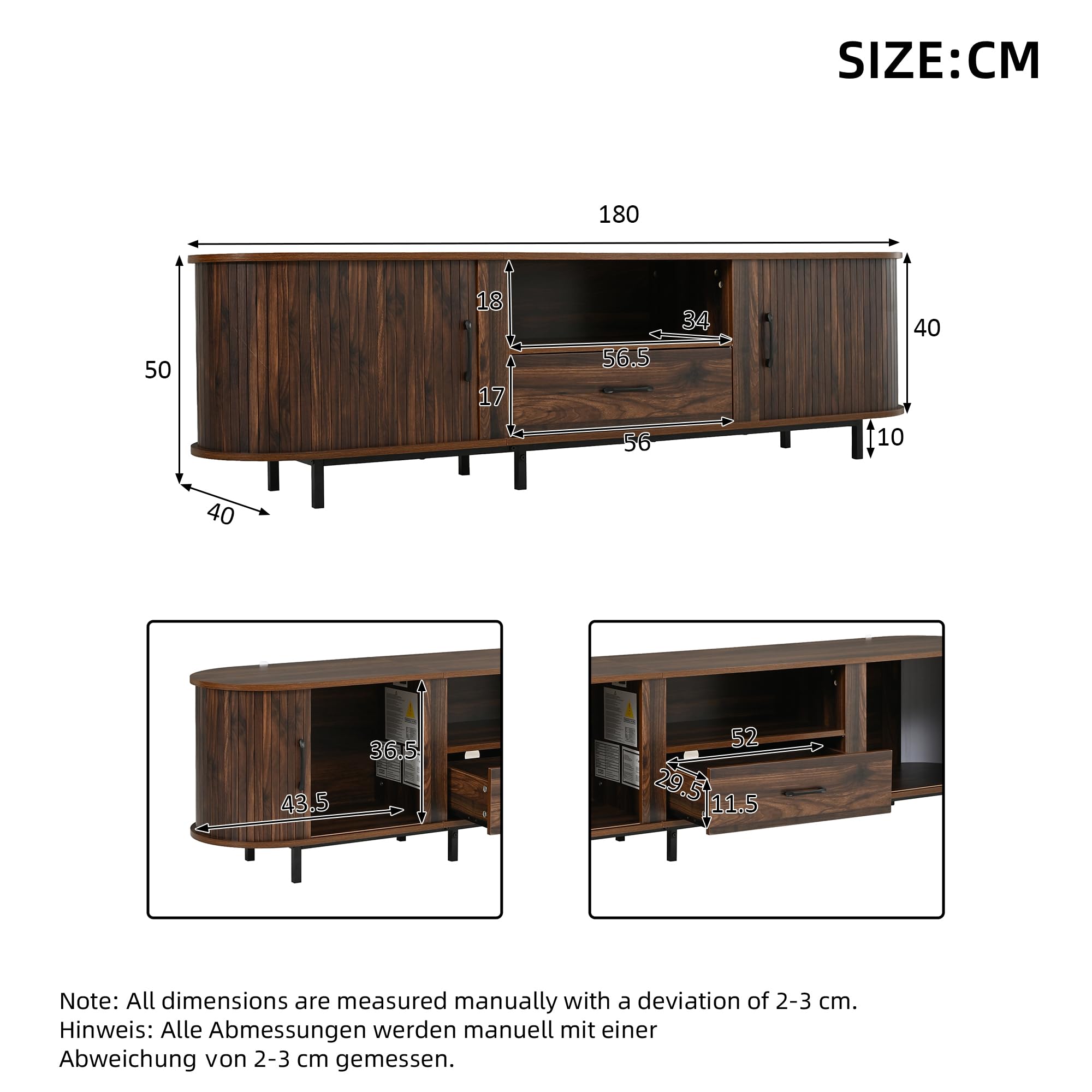 Mobile TV 180 x 40 x 50 cm, in MDF, credenza, per TV da 75 pollici