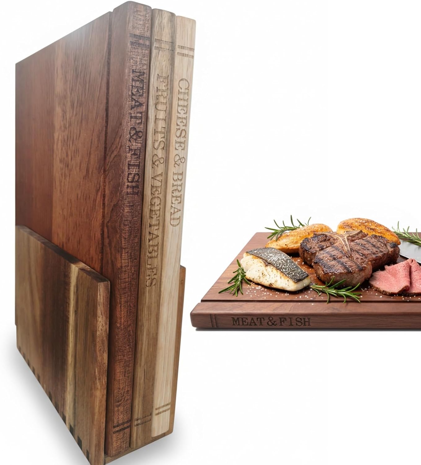 Wood Book Cutting Board Set of 3 with Stand 13x10in, BPA-Free Wooden Chopping Board with Single Juice Groove for Meat Fruits Cheese, Charcuterie Boards, Easy to Clean, Gift Set for Kitchen