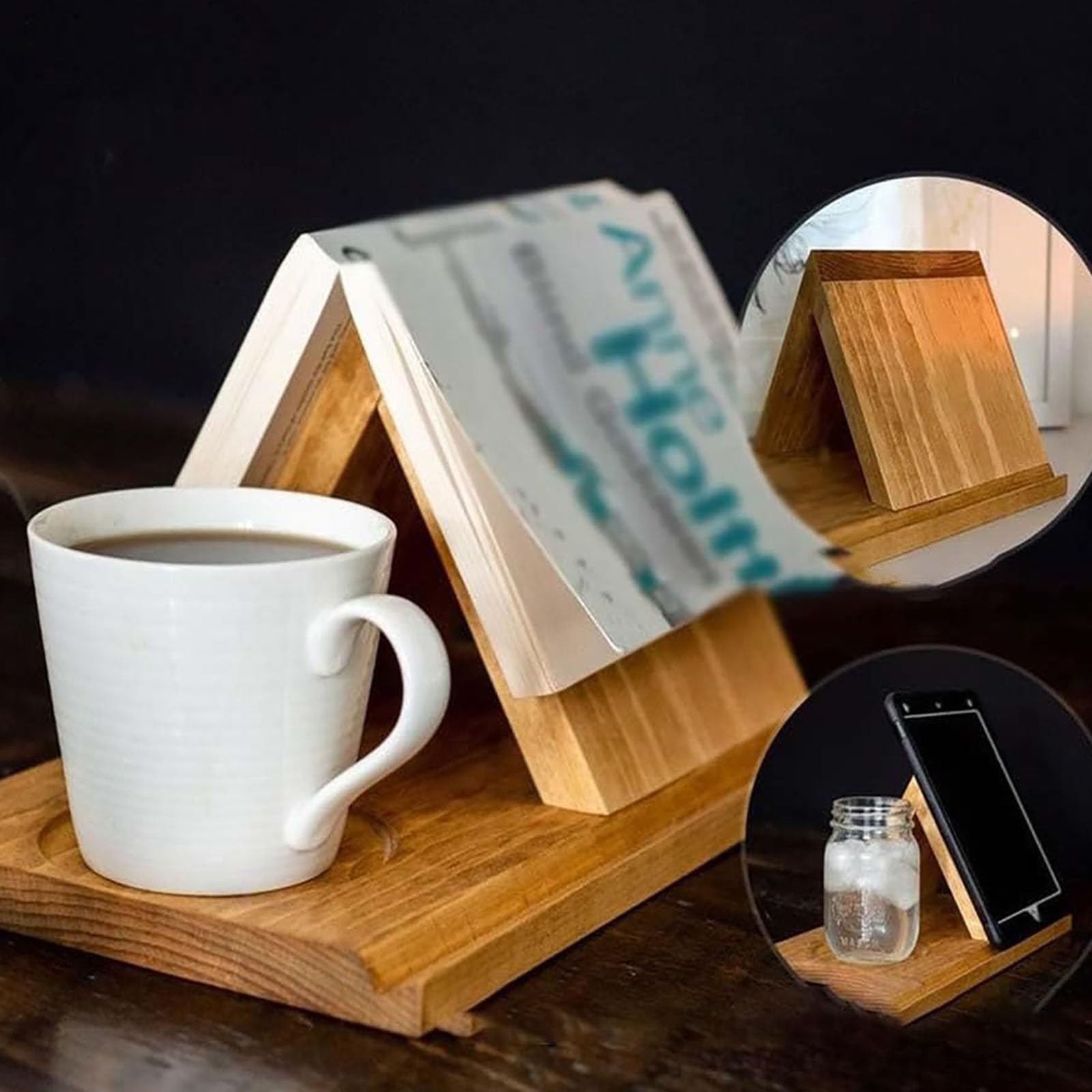 Supporto per libri in legno con portabicchieri, in rovere massiccio, personalizzato, per amanti dei libri, 3 pezzi, supporto per pagine triangolari