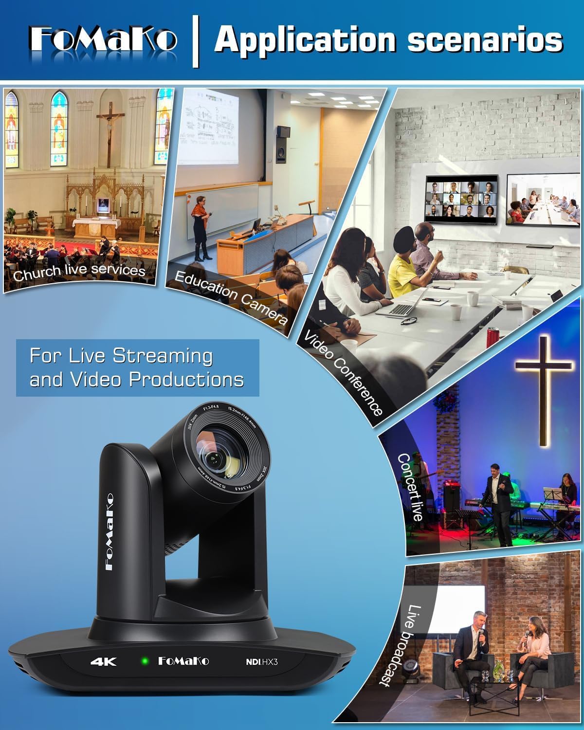 FoMaKo 4K 30x NDI PTZ Camera,30x Optical Zoom, PoE KC608 Pro NDI PTZ Controller (Black), for Church Live Streaming & Education(K30NSX3+KC608 Pro)
