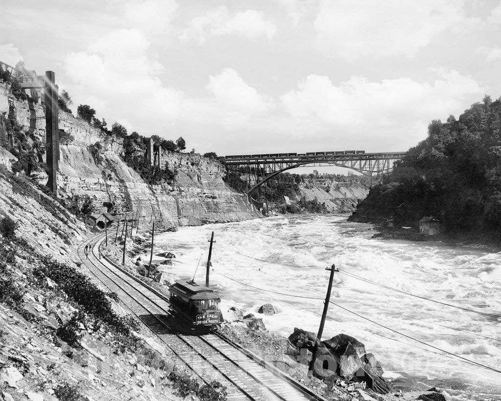 Restored Black & White Photo - Historic Niagara Falls, New York - The Great Gorge Route Along Whirlpool Rapids, c1890-30in x 24in
