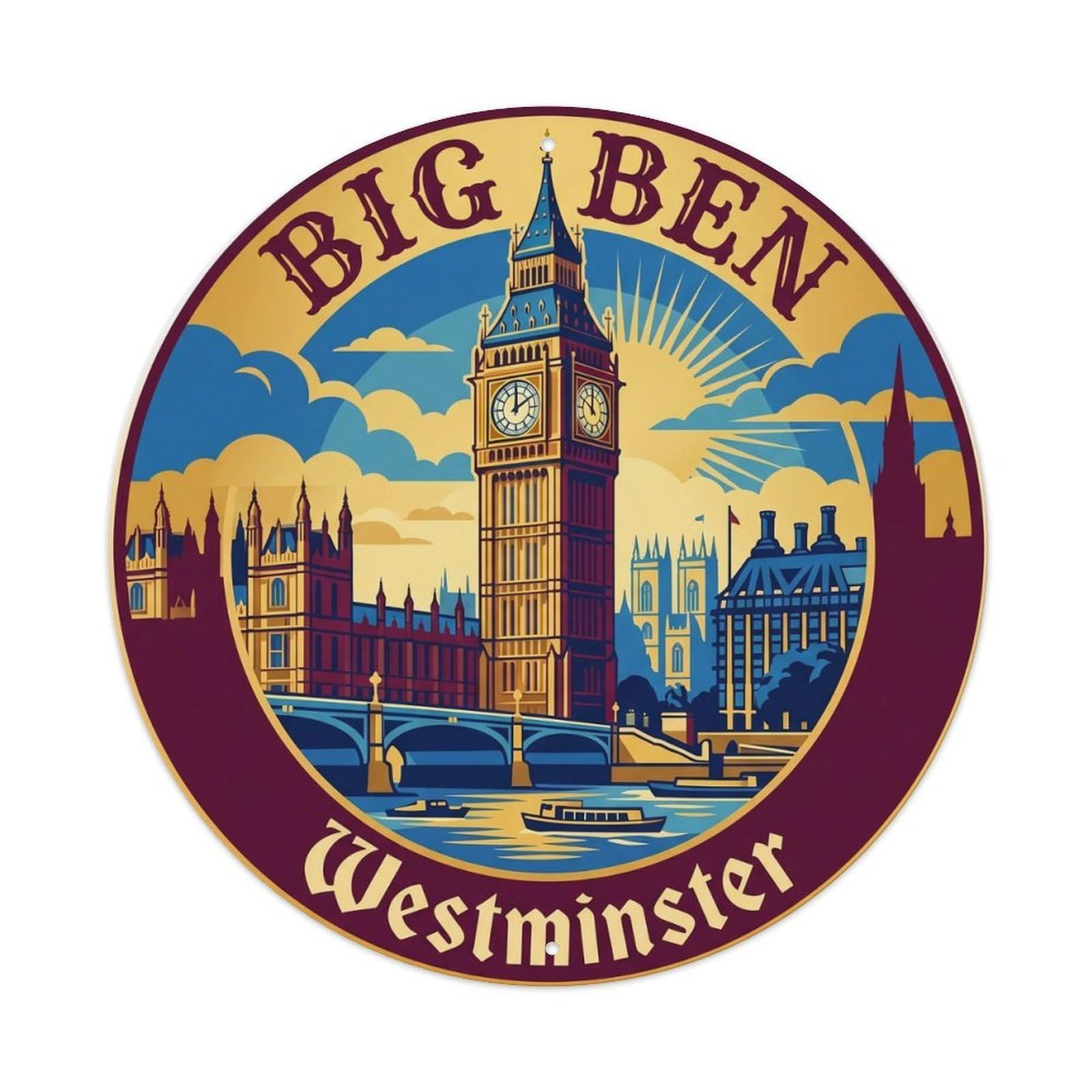 Vintage Travel Big Ben London Metal Tin Sign Plaque Wall Decor for Cafe, Club, Garden Round Metal Poster 8x8Inch