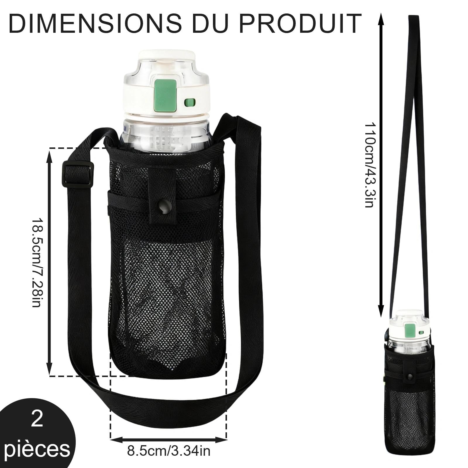 Sac de Bouteille d'eau en Filet, Porte Gourde Randonnée avec Bandoulière Réglable, pour Camping, Alpinisme (Schwarz, Rose)