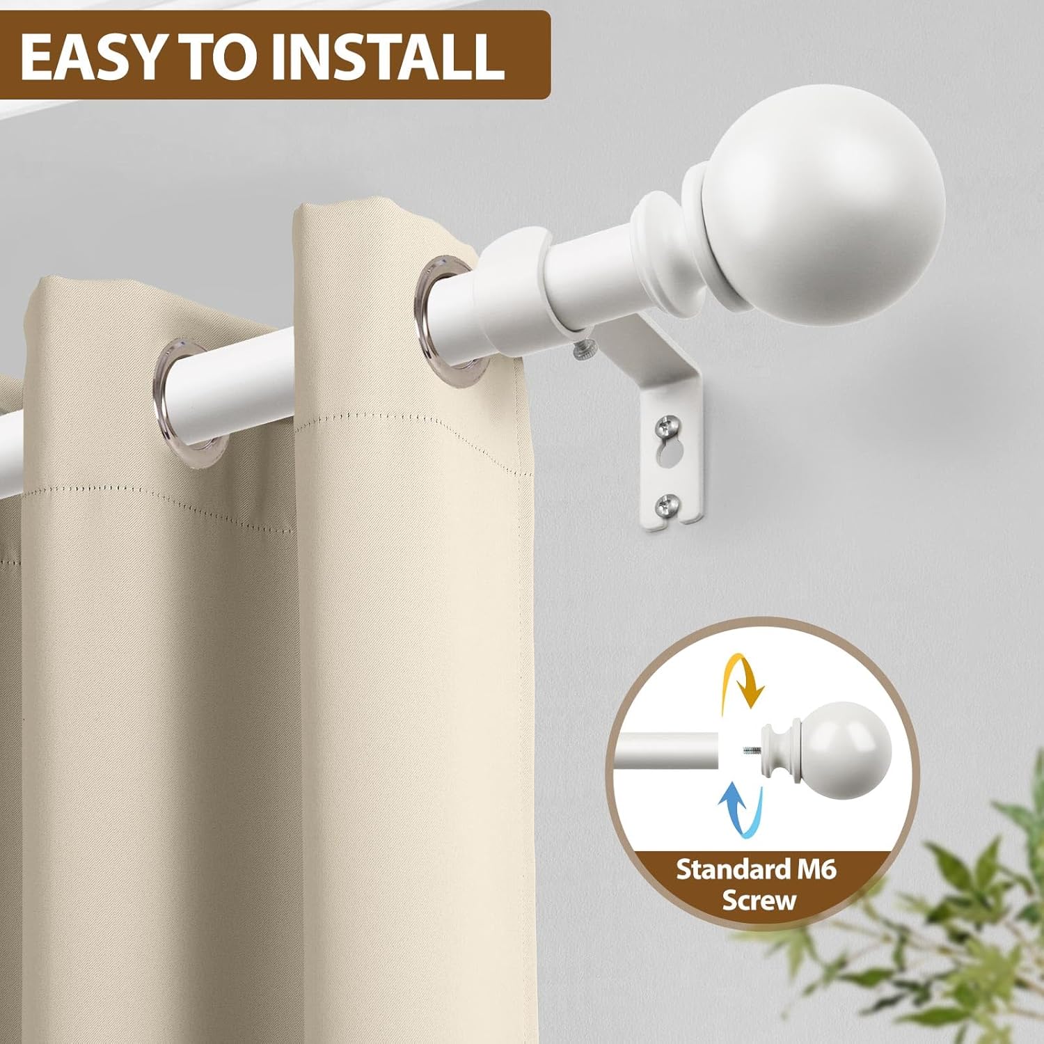 KAMANINA Curtain Rod 32 to 58 Inches (2.6-4.8ft), White Curtain Rods for Windows, 7/8 Inch Adjustable Modern Drapery Rod with Round Finials