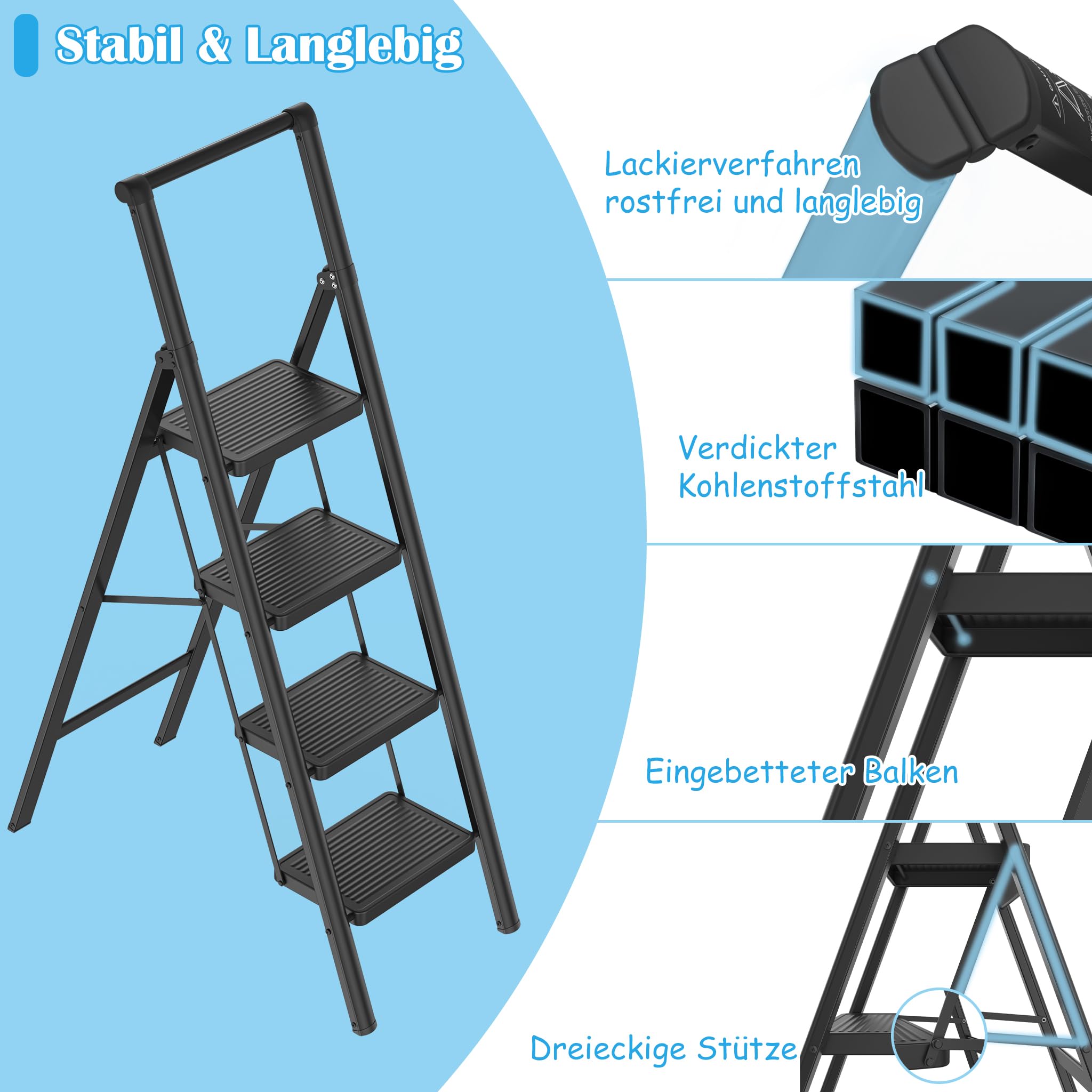 NAIZY Escabeau pliable à 4 marches - Petite échelle avec marchepied large - Échelle pliante en métal - Charge maximale : 270 kg