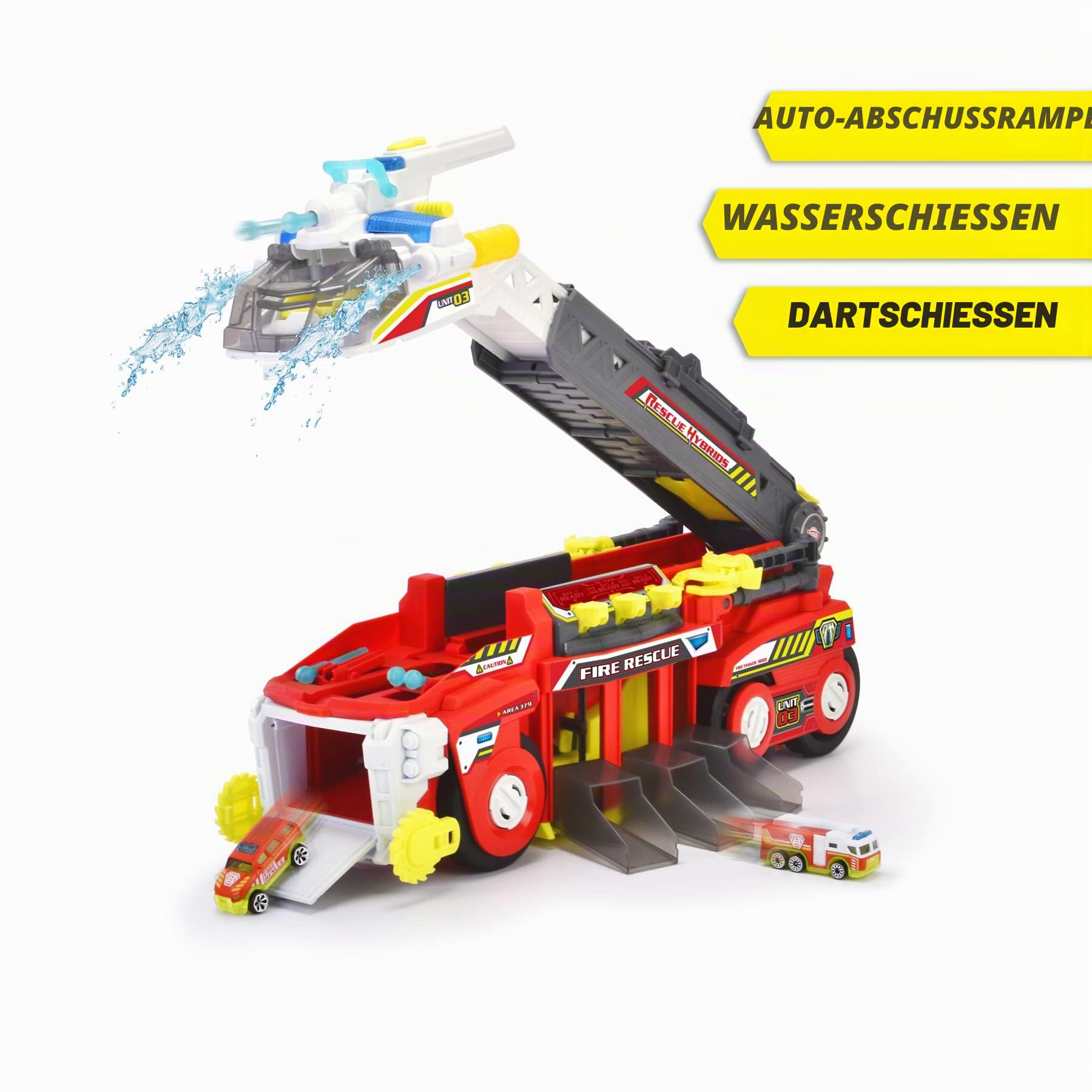 Dickie Toys Rescue Hybrids Feuerwehrauto groß (55 cm) - Rescue Hybrids Feuerwehrauto für Kinder mit Wasser-Spritzfunktion, ausziehbarer Leiter, Licht & Sound + 2 kleine FahrzeugeFire Tanker