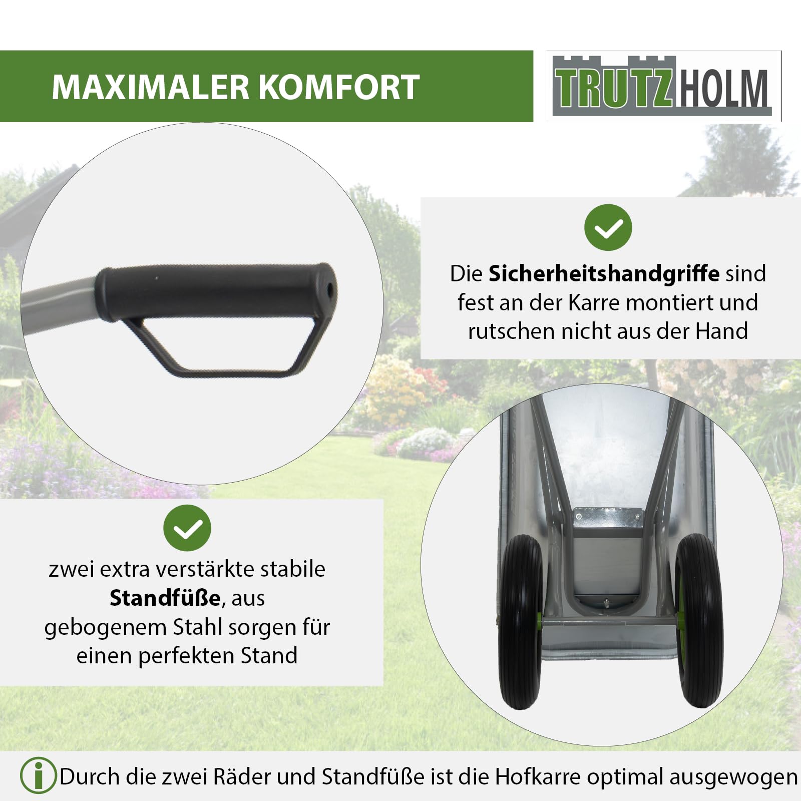 TRUTZHOLM 2-Rad Schubkarre 150L 150kg | stabile Gartenkarre Baukarre kippsicher | verzinkte Wanne | pannensichere PU-Räder | pulverbeschichteter Stahlrahmen | Sicherheitsgriffe | Zweirad