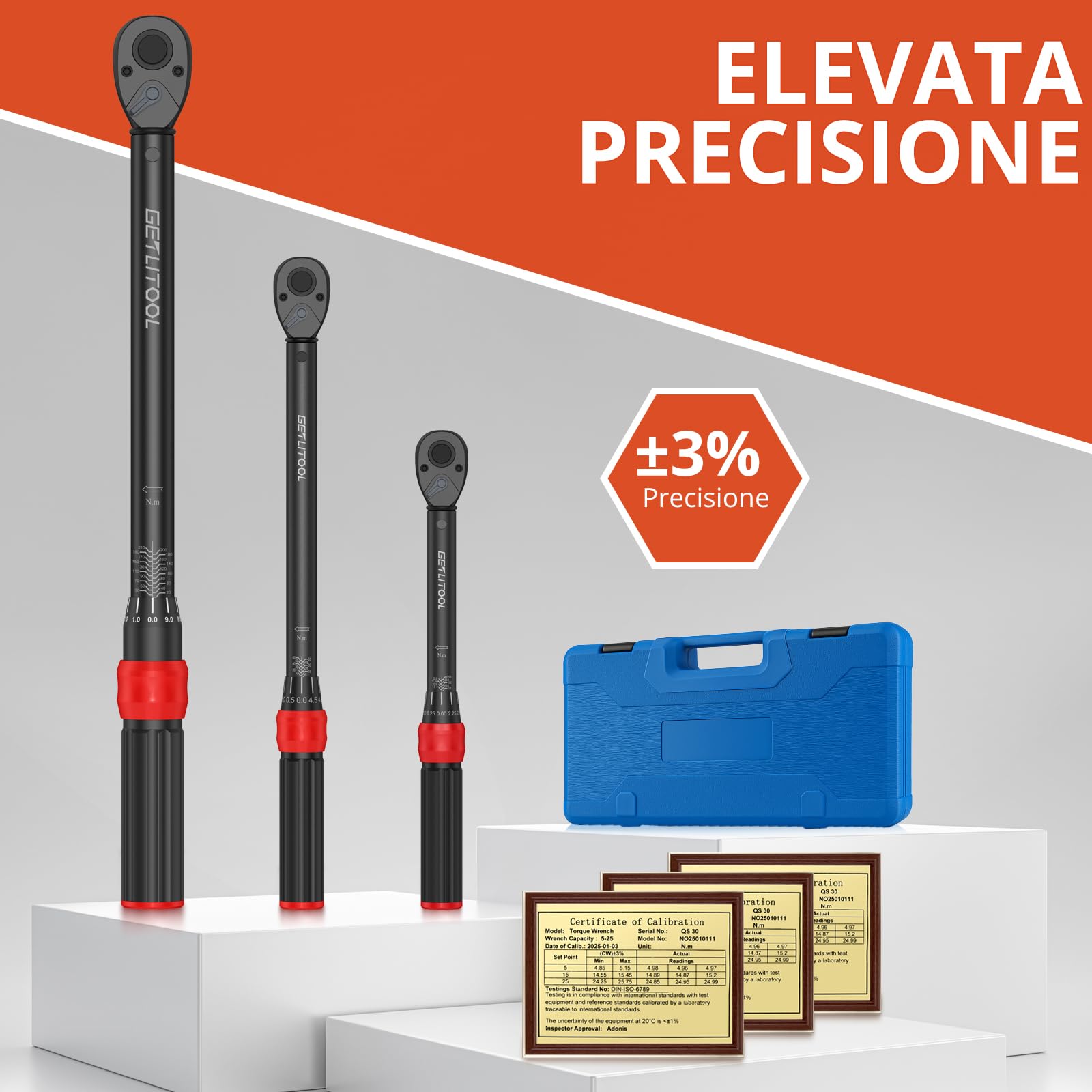 GETLITOOL Set Chiavi Dinamometriche 1/4" 3/8" 1/2", 3 Pezzi con Cricchetto Reversibile 72 Denti in Acciaio Legato, Chiave Dinamometrica per Bici, Moto e Auto, Gamma di Coppia 5-25Nm 10-60Nm 20-210Nm
