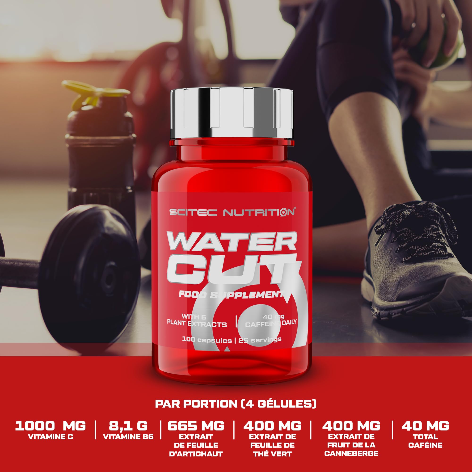 Scitec Nutrition Water Cut Capsules, Boost d'énergie avec Vitamine C et B6, Extrait de Thé Vert, Réduit la Fatigue et Soutient le Système Immunitaire, Supplément Diurétique Naturel, 100 Capsules