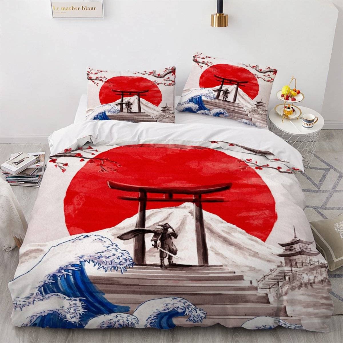 Housse de couette Japonais 140x200 en microfibre imprimée 3D samouraï avec fermeture éclair