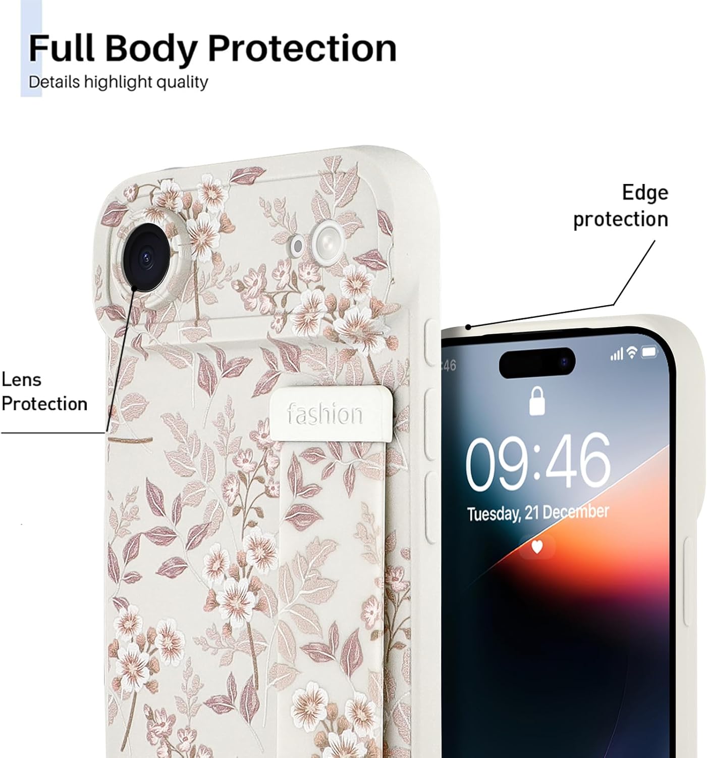Compatible with iPhone Air Case for Women Men, Cute Flower Floral Pattern, Built in Adjustable Metal Wrist Strap Grip Hand Holder Kickstand Soft Silicone Cover 6.5 Inch, White - Image 2