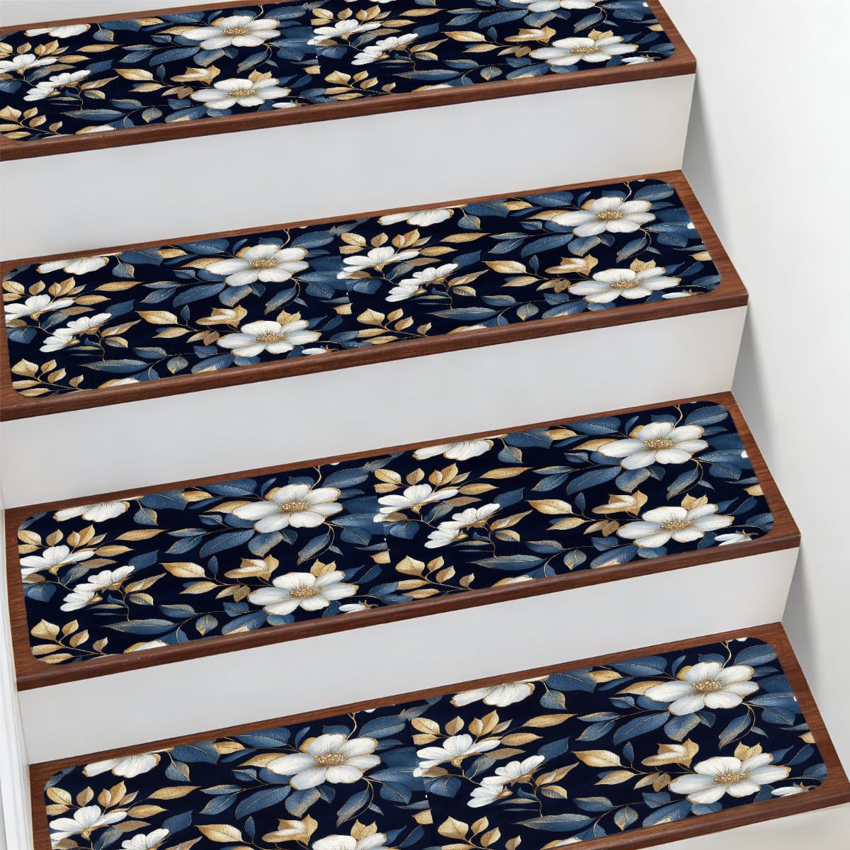 Alfombra para escaleras de 7.8 x 30'' antideslizante con diseño botánico de flores 1