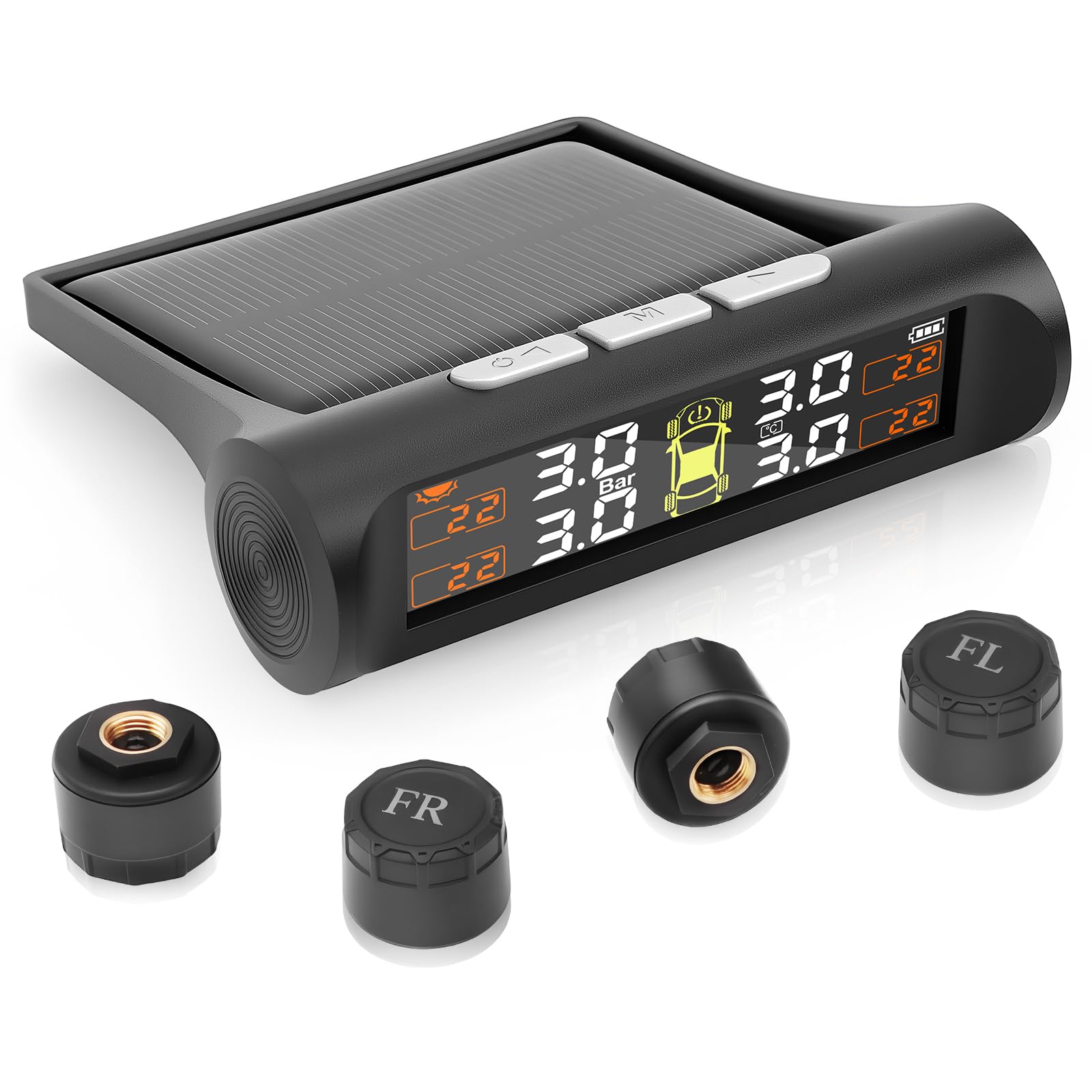 TPMS Système de Surveillance de la Pression des Pneusà,Charge Solaire/USB, Alertes Température,Auto on/Off - Compatible Camping-Car/Berline/SUV/MPV/Remorque (4 Capteurs Externes 3.5 Bar)