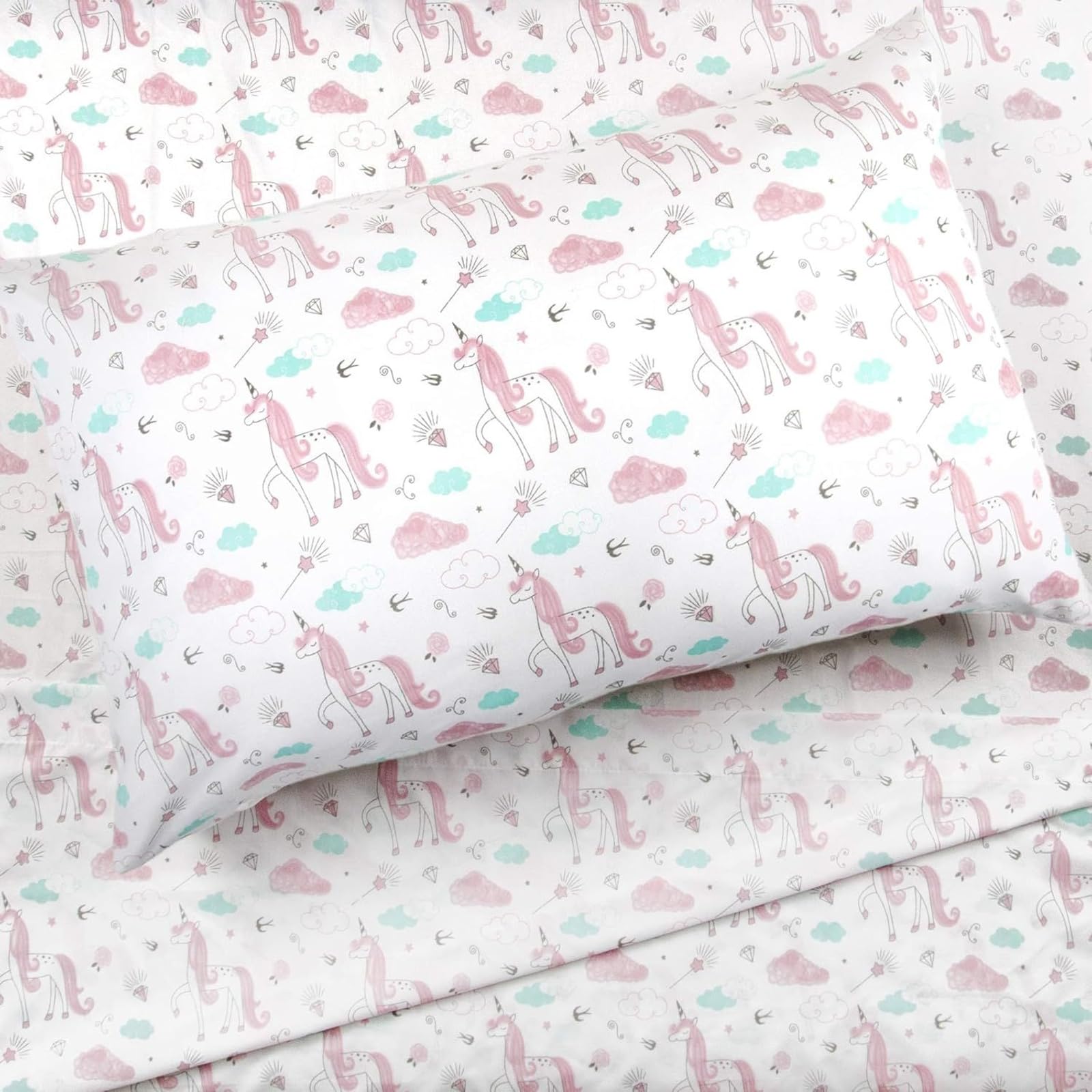 4-Piece Sketch Unicorn Sheet Set for Girls Kids - 1 Full Flat Sheet 1 Full Fitted Sheet 2