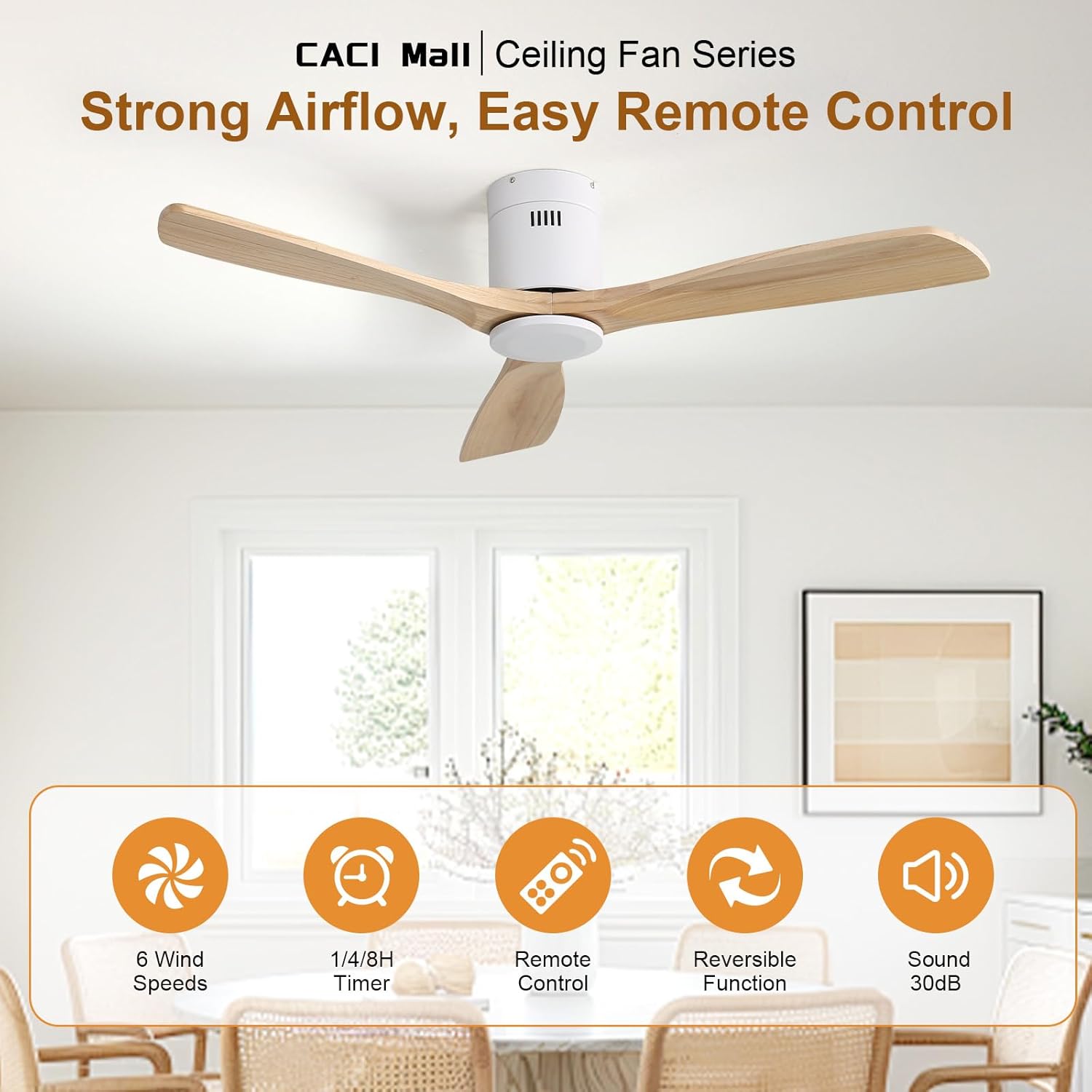 CACI Mall 52 Inch Ceiling Fan No Light, Low Profile Flush Mount Modern Wood Ceiling Fan with Remote, Reversible Quiet DC Motor, Suitable for Bedroom Living Room Patio Farmhouse Indoor/Outdoor