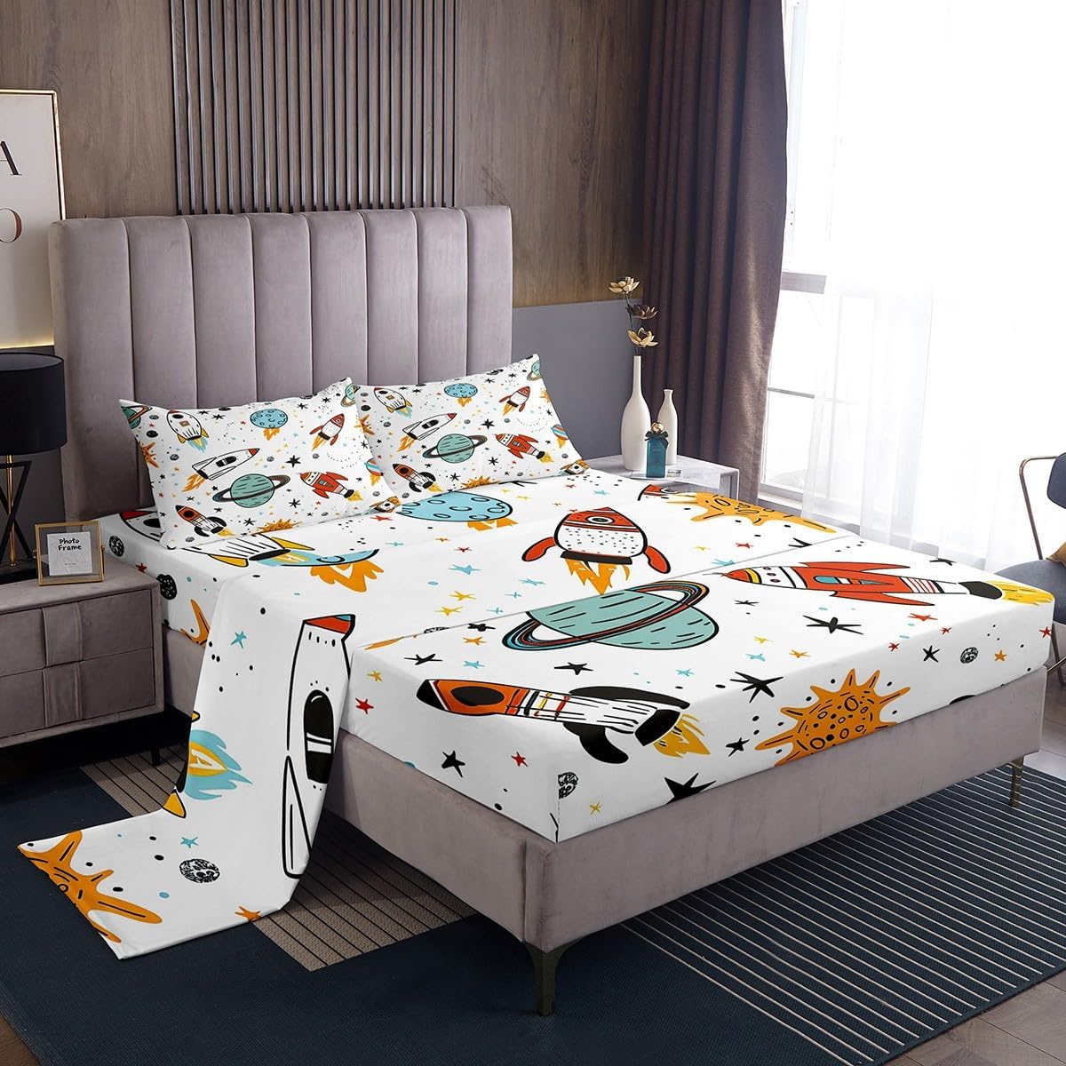 Kids Sheet Set Queen Outer Space Spacecraft Sheets for Boys Child Nursery Space Rocket Universe Bed Sheets Girls Cartoon Planet Space Ship Bed Set 4Pcs,Deep Pocket Fitted Sheet,Flat Sheet, Pillowcase