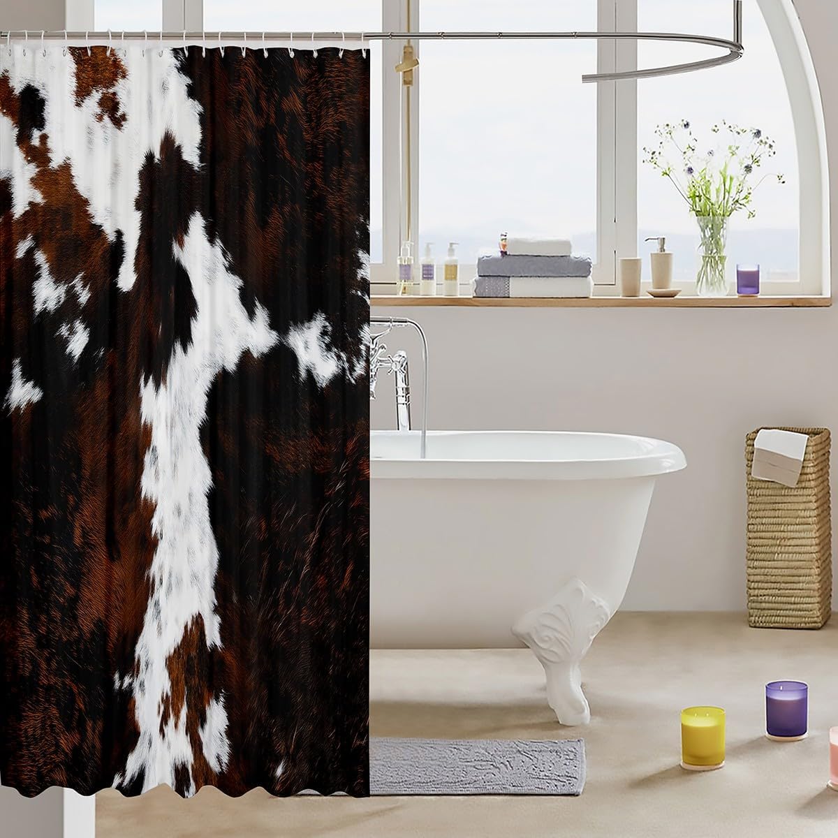 Farmhouse Cowhide Print Bath Curtain for Bathroom Decor,Abstract Maroon and White Cow Fur Pattern Waterproof Shower Curtains with 12 Holes,Animal Fabric Shower Curtains for Bathtubs 72" W x 78" L