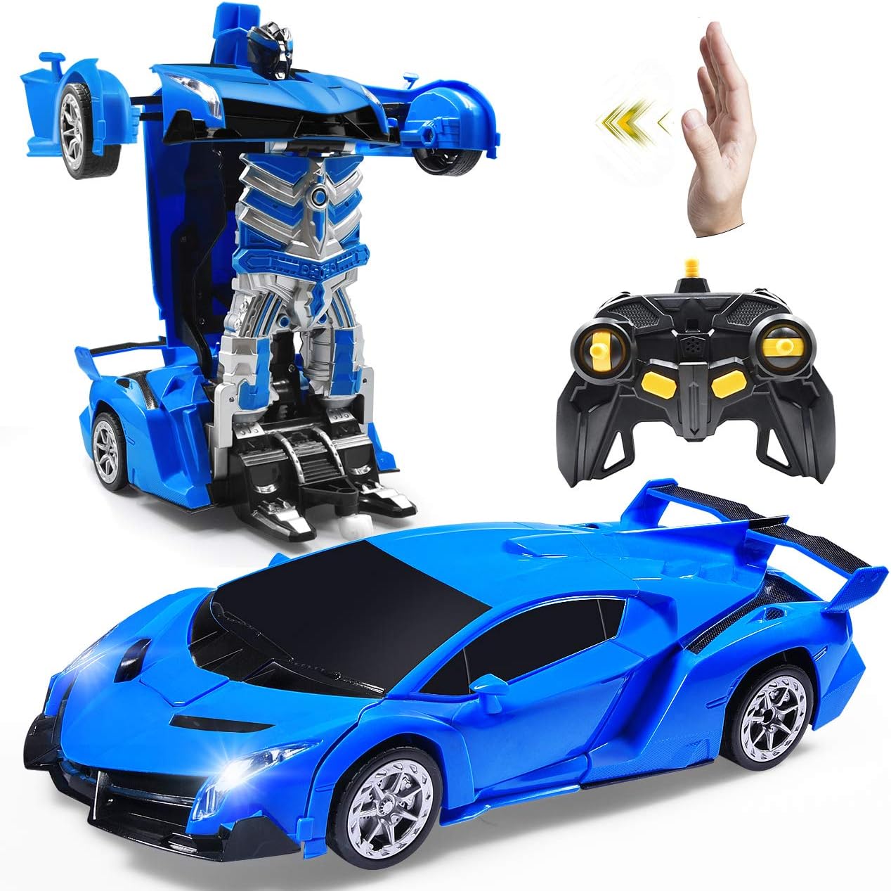Janboo1:14 RC Cars Robot for Kids, Transformrobot Racing Toys, Gesture Sensing Remote Control Car with One-Button Deformation Auto Demo, 360° Rotation Light Music Car Best Gift for Boys Girls (Blue)
