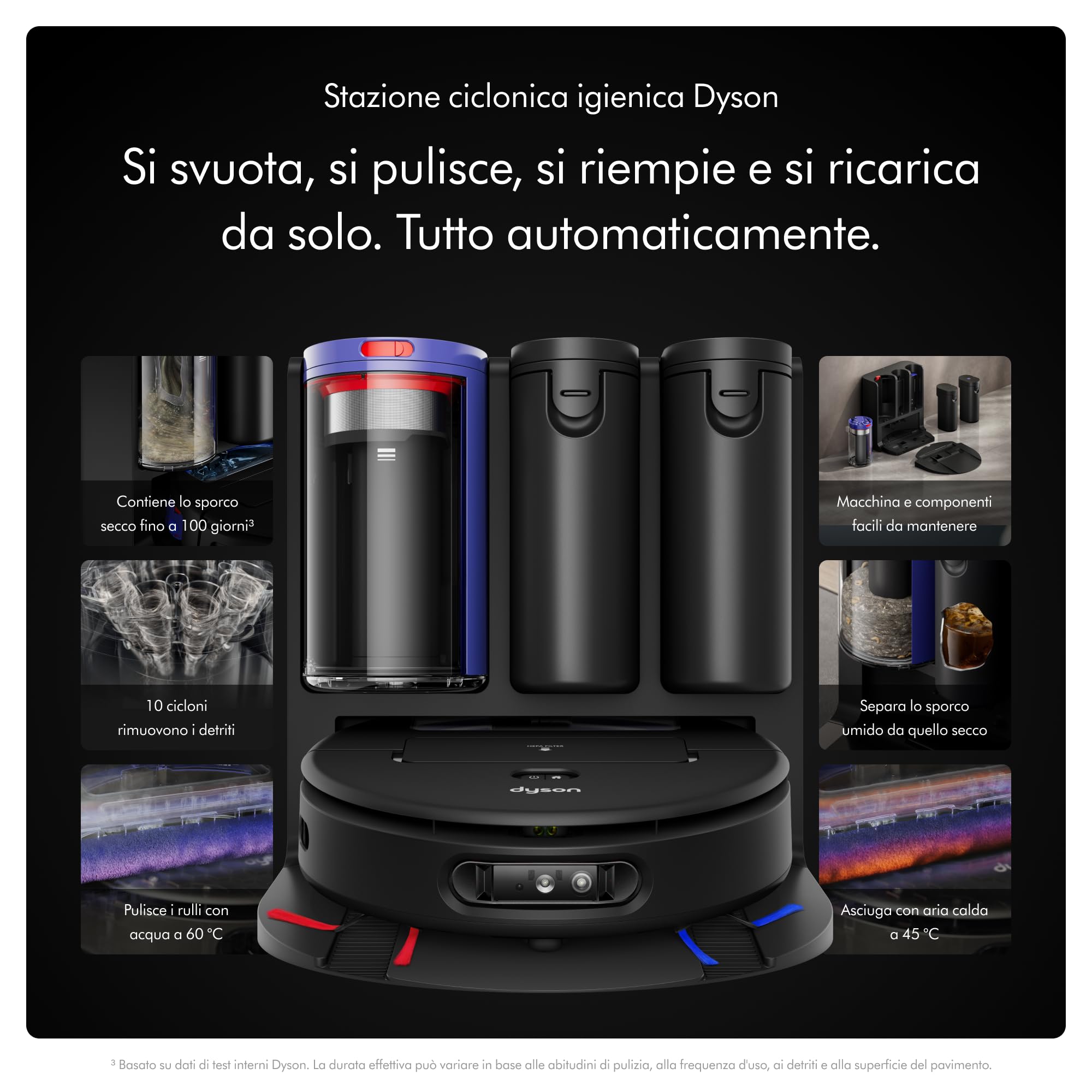 Dyson Spot+Scrub™ AI Robot aspirapolvere e lavapavimenti, 18.000 Pa, 200 min autonomia, auto‑svuotamento, base 3 L, rullo autopulente e filtrazione igienica 0,1 micron (Nero/Blu)