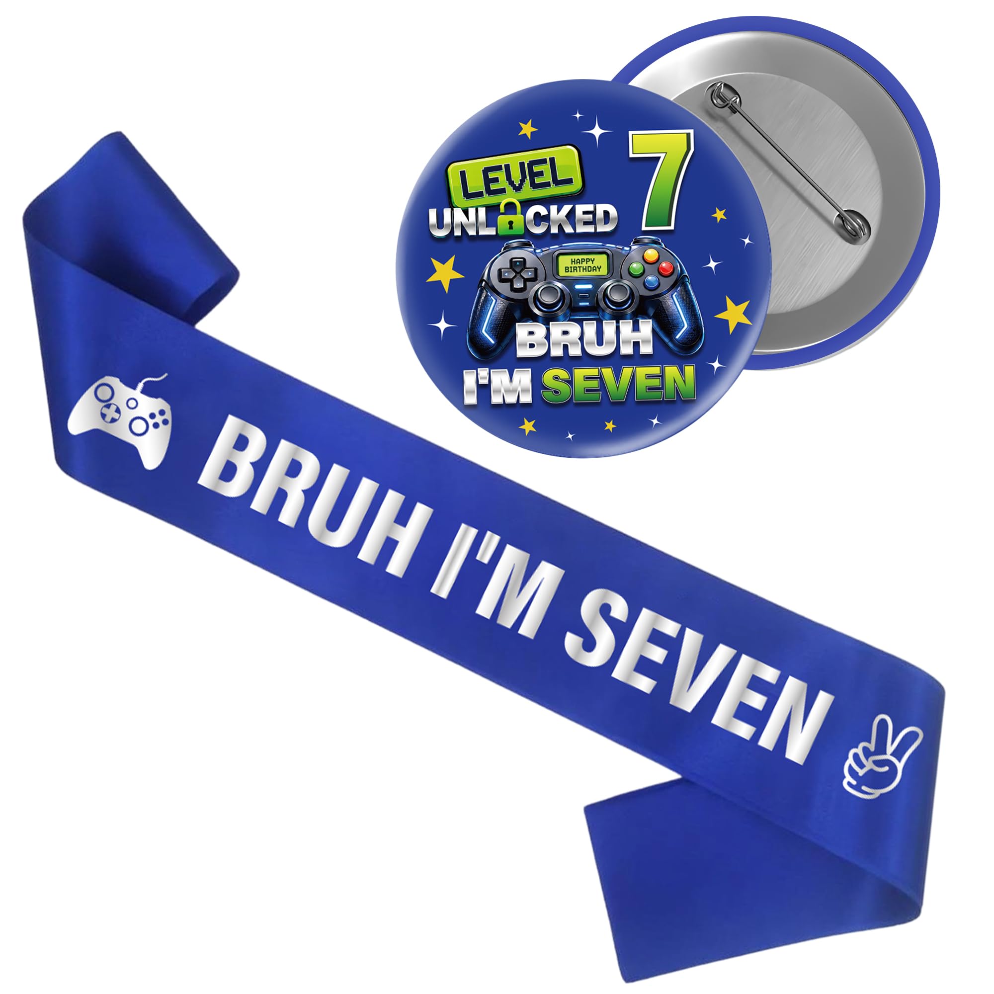 Gaming 7th Birthday Sash Badge - 2 Pcs Blue 7 Game Themed Birthday Gifts